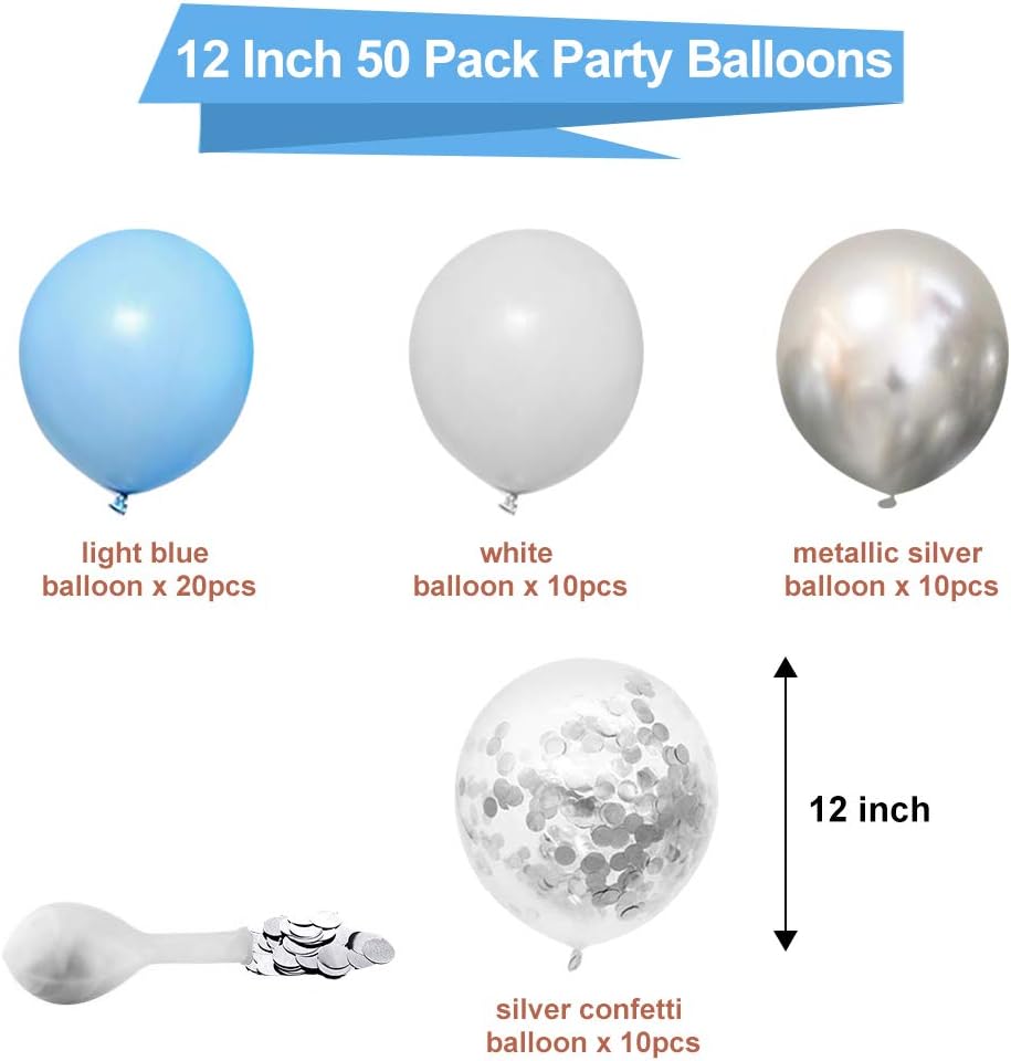 Blue White Silver Confetti Balloons 50pcs 12in Latex Party Decor