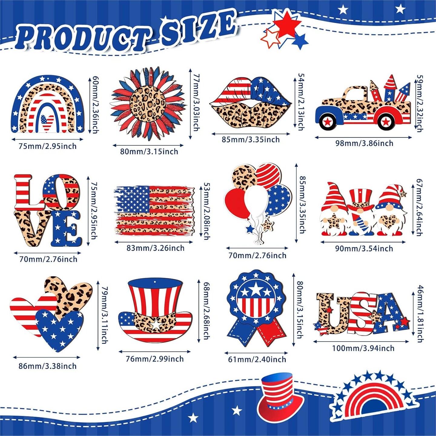 36 Pcs Patriotic Hanging Ornaments for Tree 4th of July Wood Decor Labor Day Independence Wooden Ornaments with Ropes Star USA Flag Gnome Red White and Blue Decorations Memorial Day(Leopard)