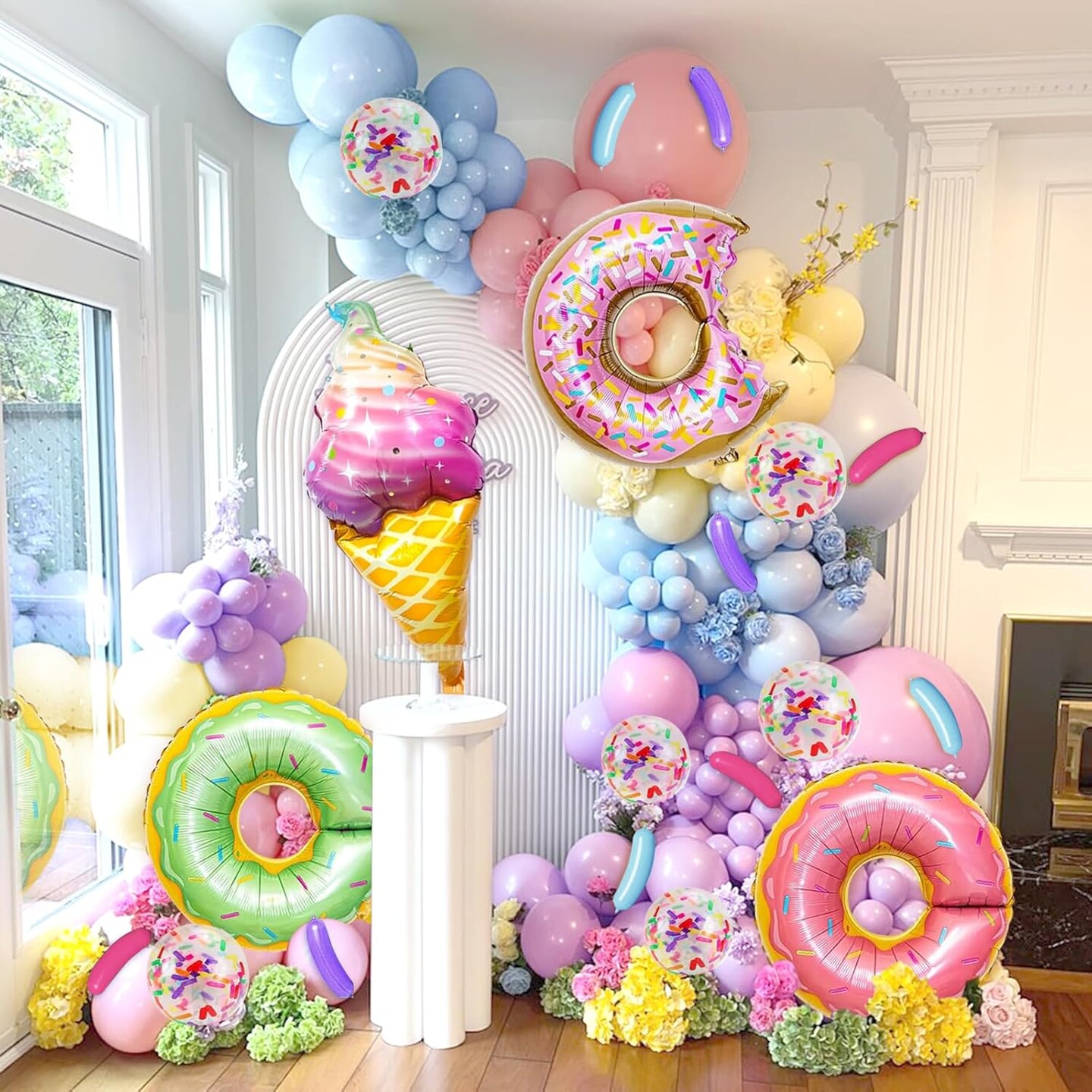 163PCS Pastel Donut Balloon Arch Garland Kit, with Pastel Rainbow Balloon, Sprinkle Confetti and Ice Cream Foil Balloons for Sweet One Donut Grow Up First Birthday Party Theme Baby Shower Decor