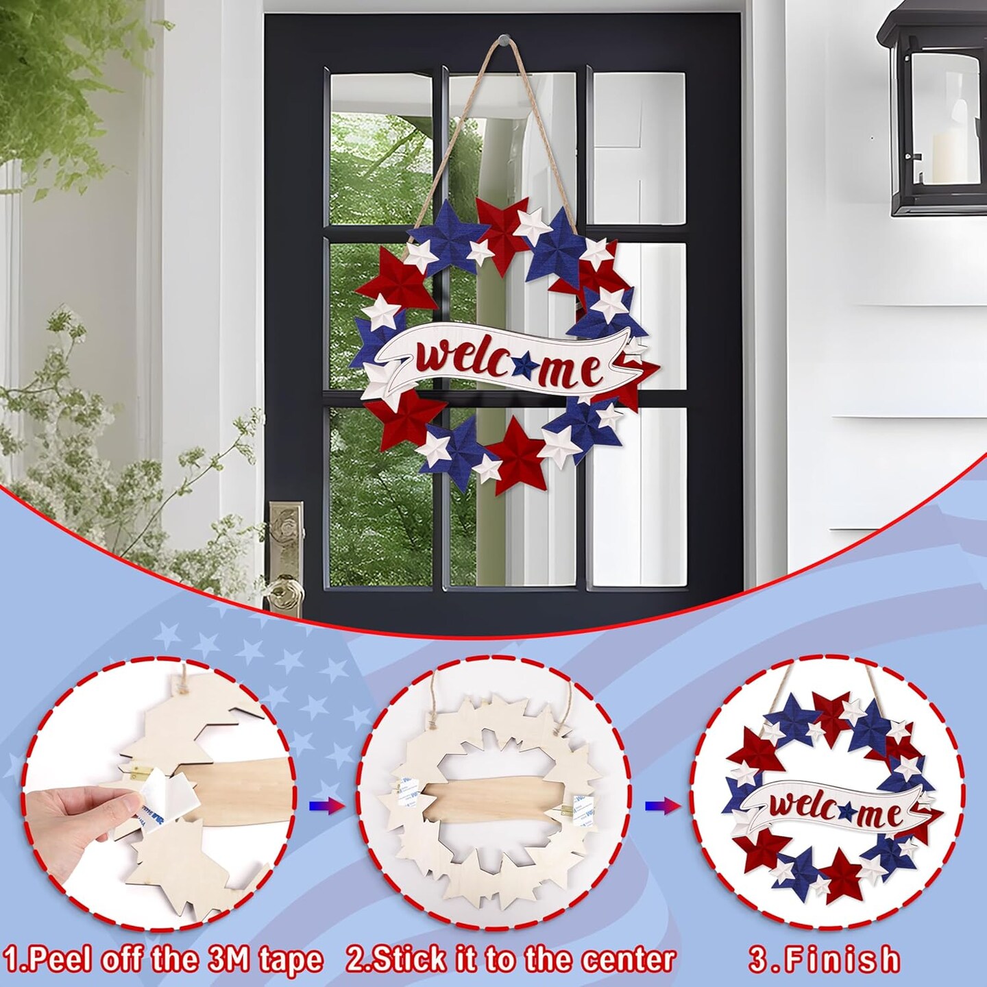 4th/Fourth of July Decorations Welcome Wreath for Front Door - Wooden Red White and Blue Star Sign, Patriotic Memorial Day Porch Home Wall Outside Decor