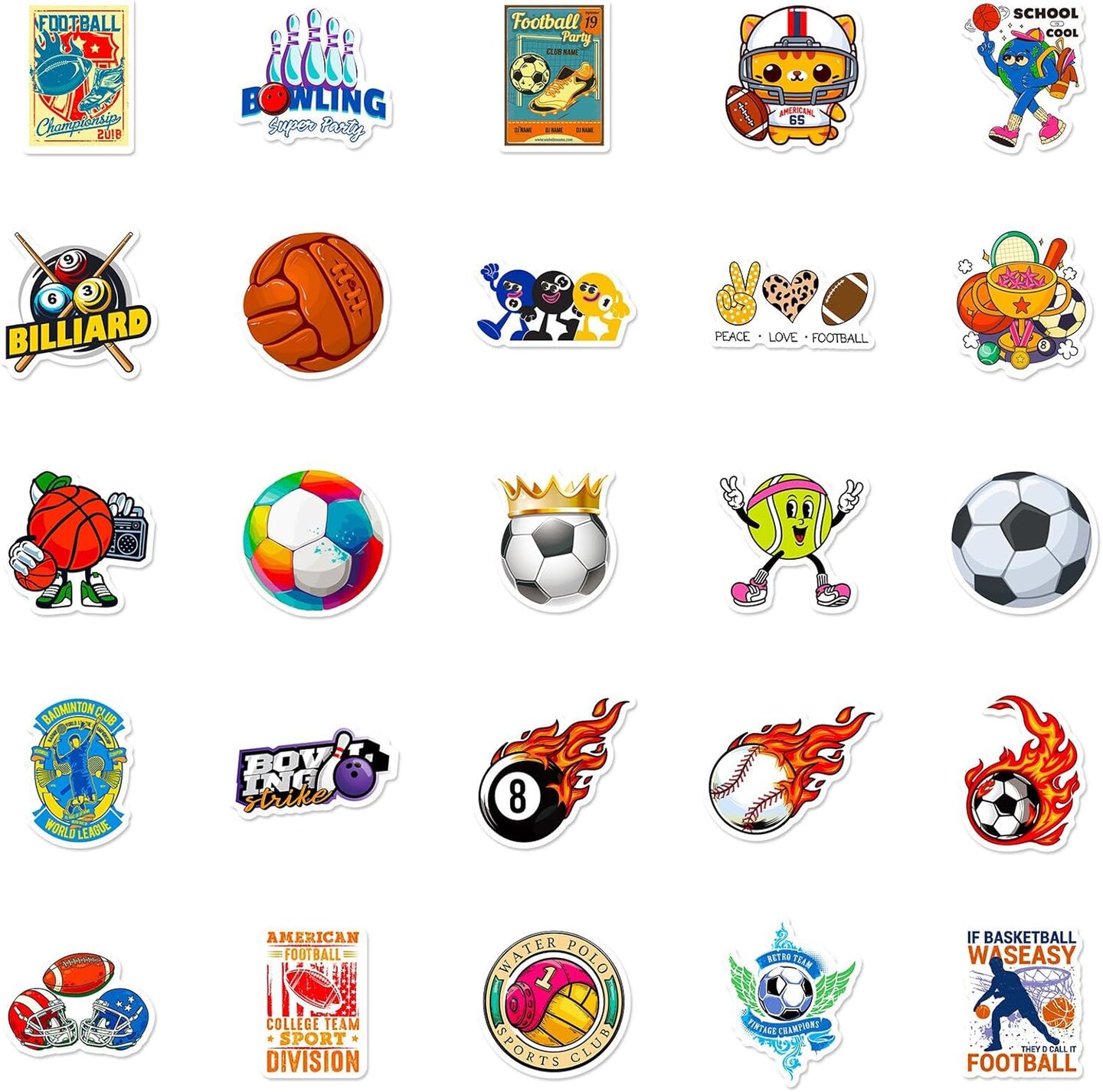 100 Pack Sports Stickers, Sports Football Soccer Baseball Basketball Party Favors, Sports Ball Stickers for Water Bottles Laptop, Birthday Decorations