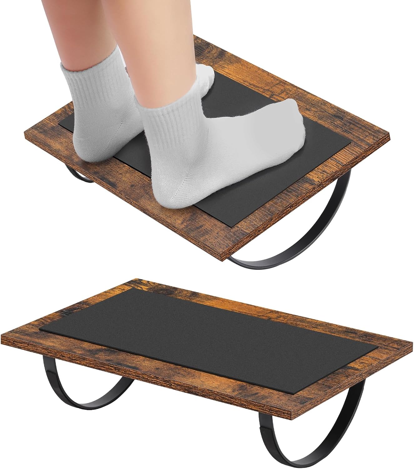 2-Pack Wooden Rocking Under Desk Foot Rest with Anti-Slip Surface – Ergonomic Adjustable Footrest for Office & Home, 4.7” Height, Brown