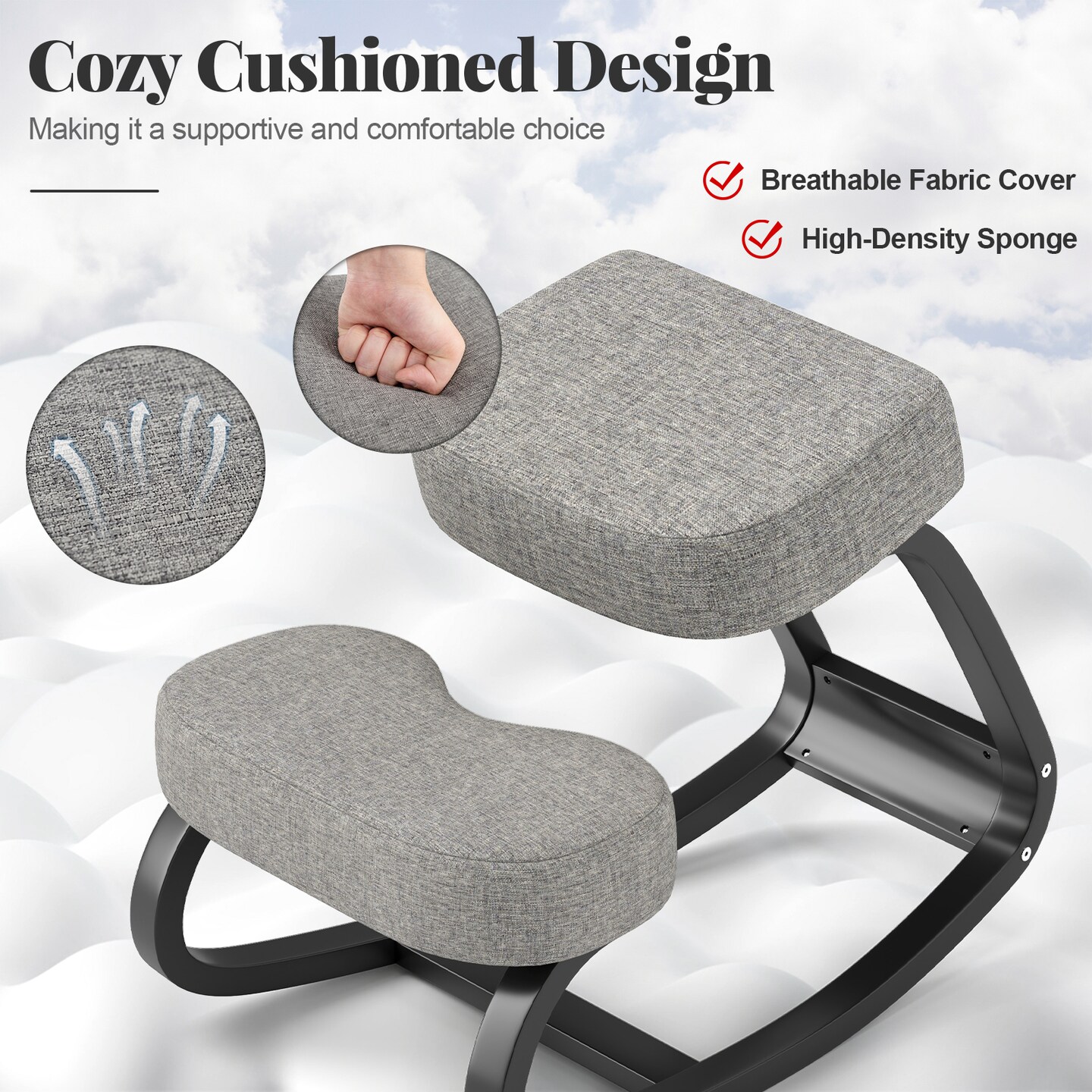 Gray Wooden Ergonomic Rocking Kneeling Chair with Crossbars and Padded Cushion