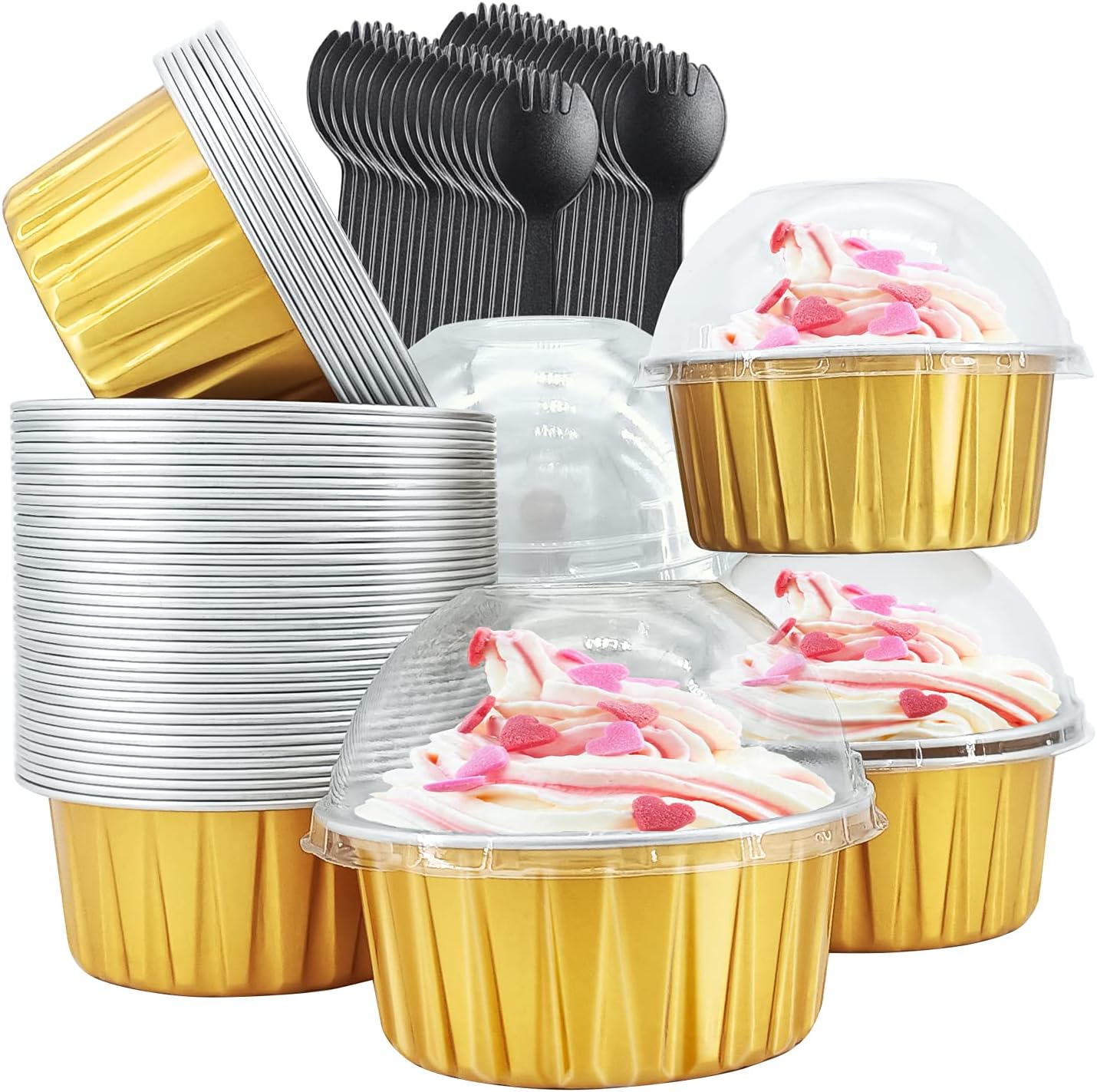 Cupcake Liners with Dome Lids – 50 Pack 5oz Gold Foil Baking Cups with Spoons for Muffins, Jumbo Ramekins, Weddings & Birthday Parties