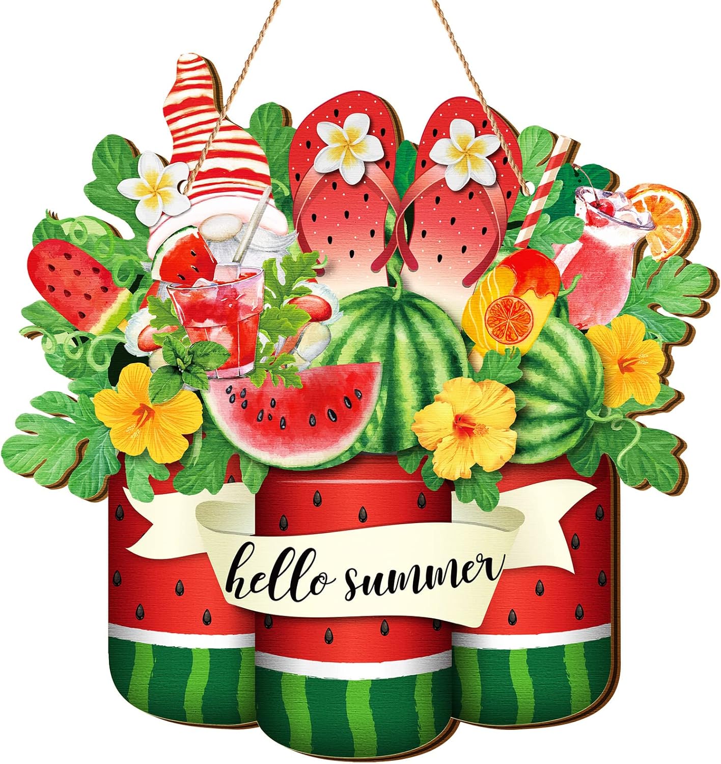 Hello Summer Watermelon Sign Wooden Watermelon Gnome Welcome Hanging Sign with Ropes Rustic Summer Front Door Hanger Ornament for Farmhouse Home Indoor Outdoor Door Porch Wall Decor