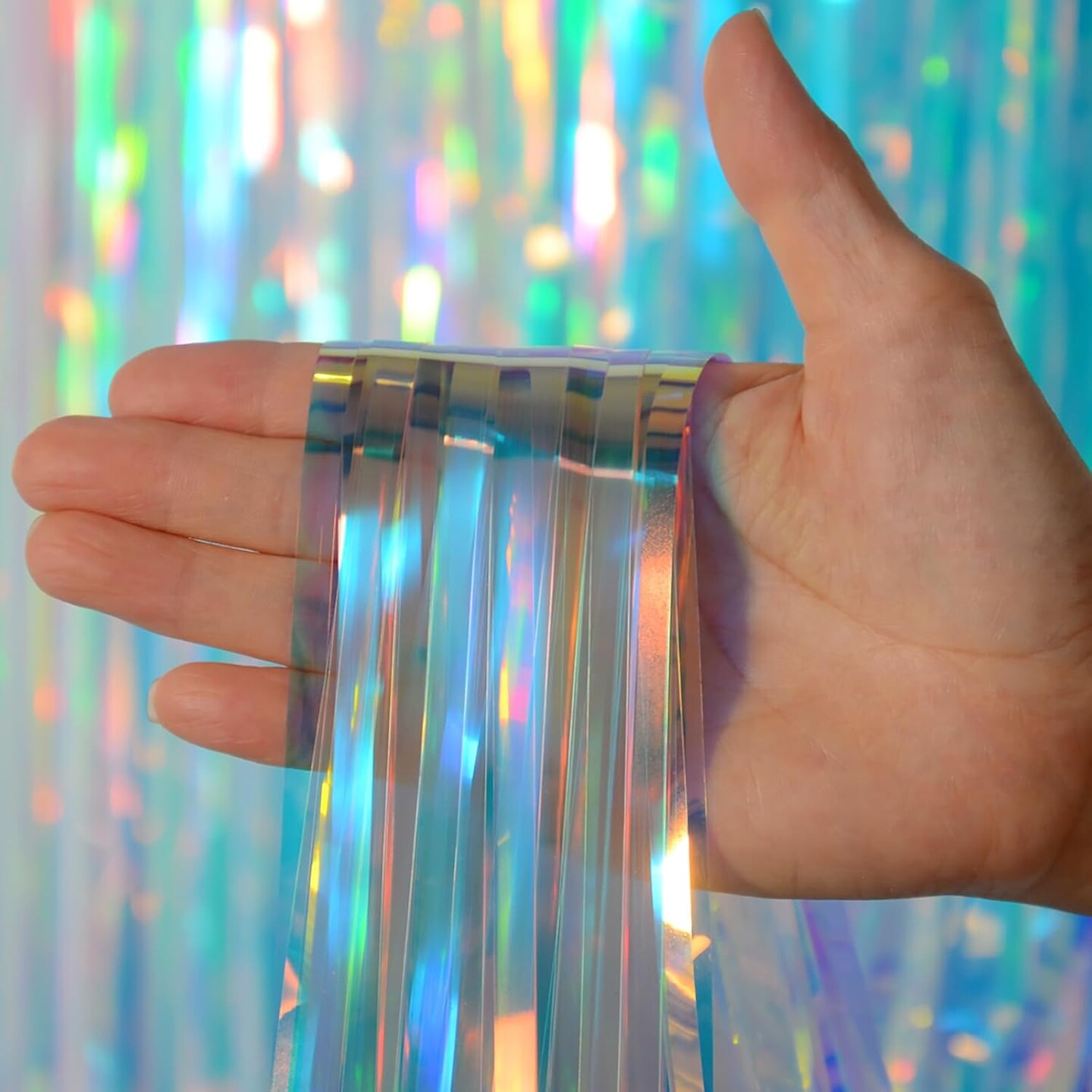 Iridescent Foil Fringe Backdrops Party Decorations - 2 Pack 3.2 x 6.5 ft Metallic Tinsel Photo Backdrop Curtains for Mermaid Unicorn Birthdays Parties