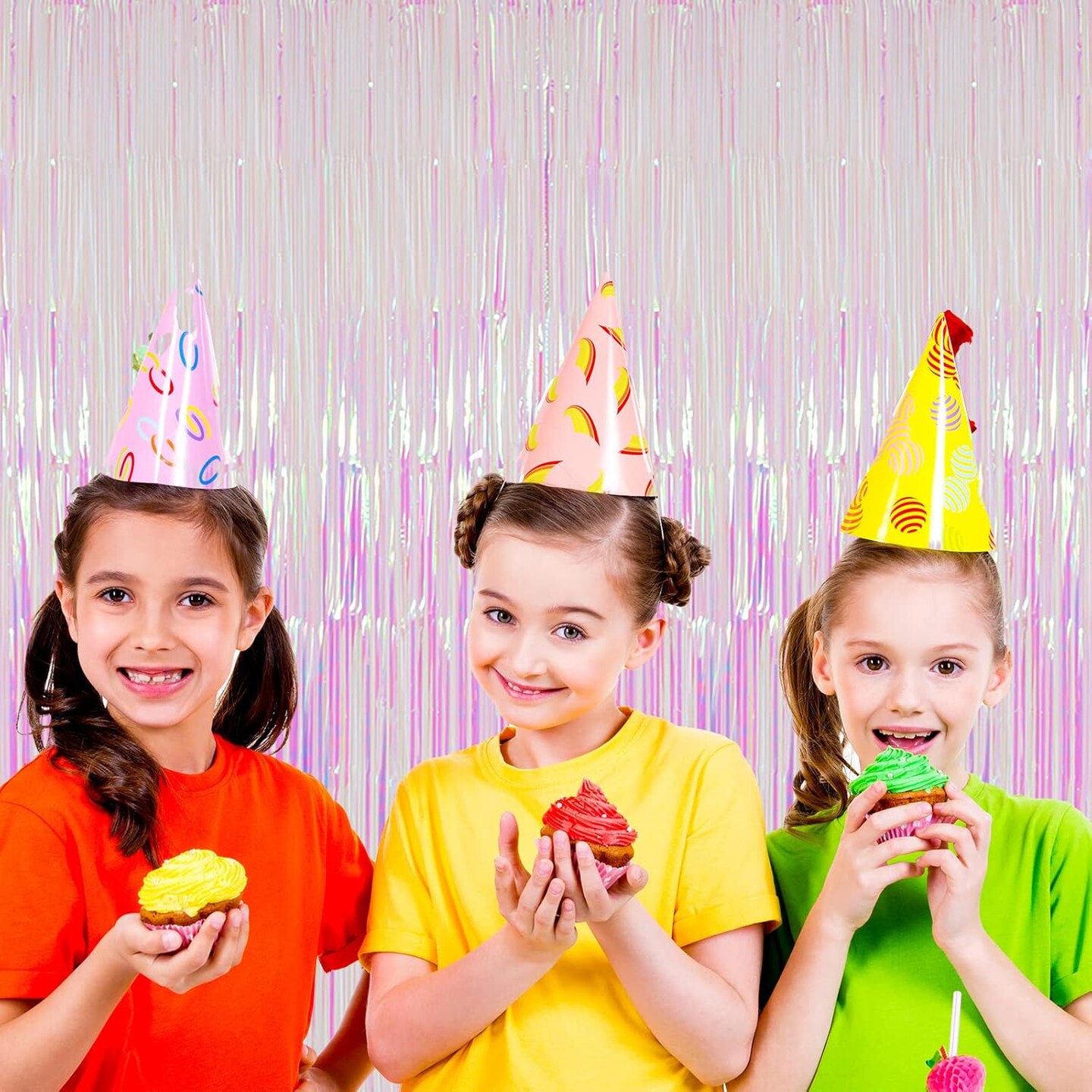 2 Pack Neon Clear Foil Tinsel Curtain(3.2ftx 8.2ft),Iridescent Glitter Metallic Fringe Curtain for Rainbow Party Decorations Backdrop