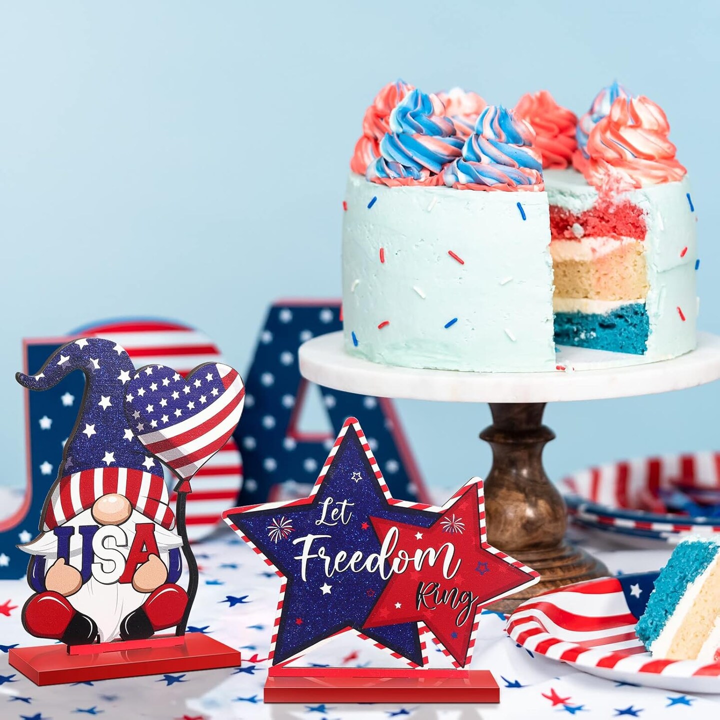 6 Pieces Patriotic Table Decor Memorial Day Table Decorations Wooden Gnome Freedom Truck Star 4th of July