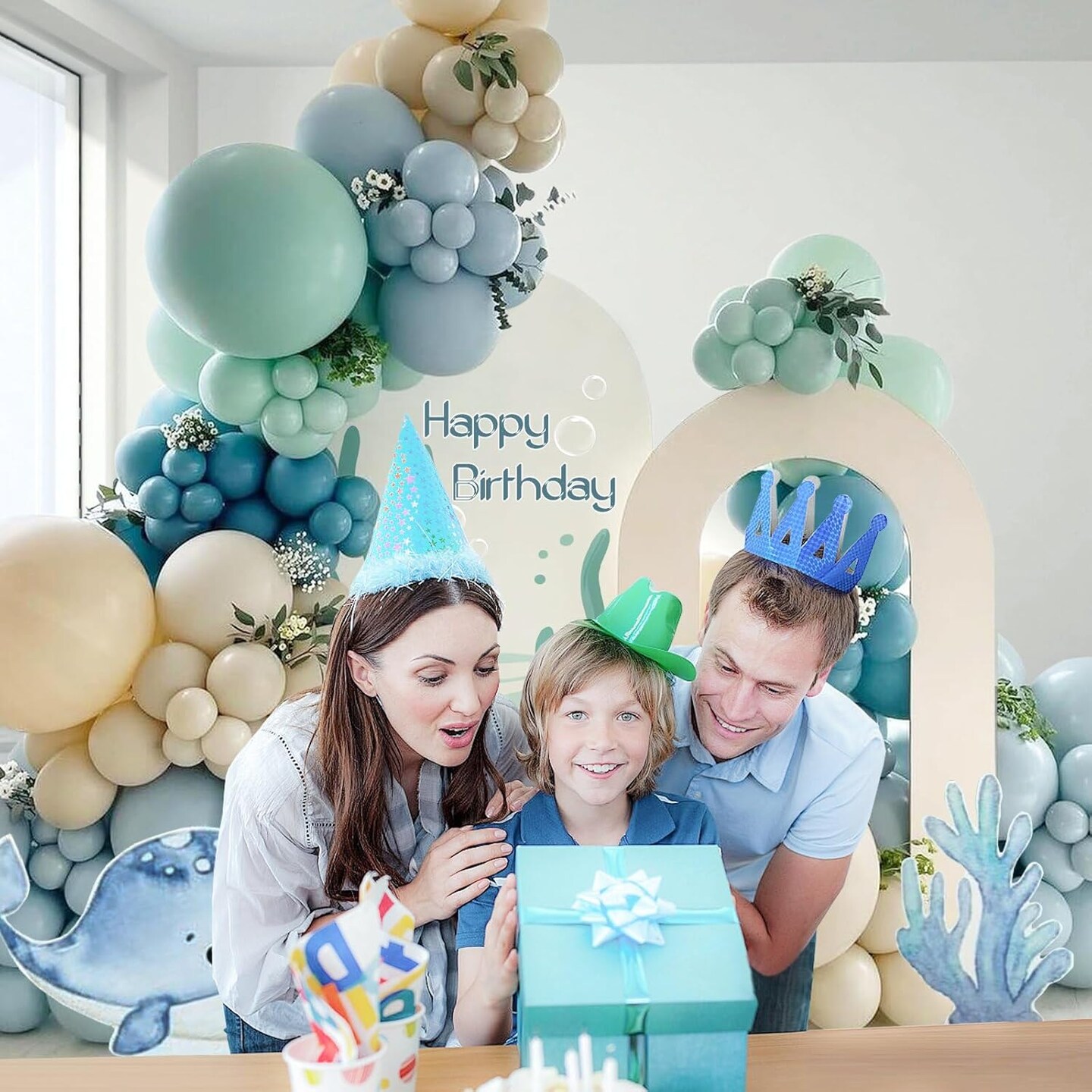147pcs Under the Sea Balloons Garland Arch Kit with Dusty Slate Blue Pastel Green Sand White Latex Balloons for Ocean Themed Under the Sea Baby Shower Birthday Party Decorations