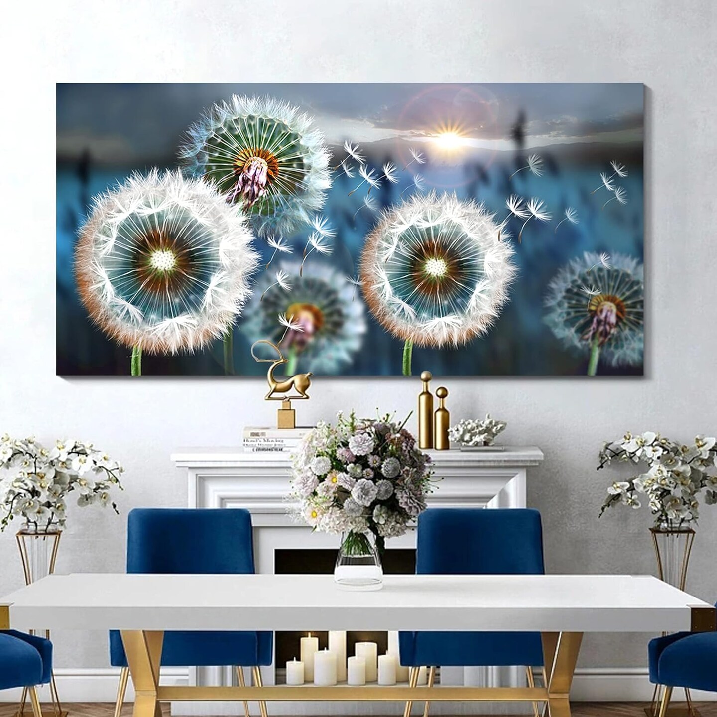 Dandelion Canvas Wall Art – 29"x58", White & Blue, Modern Home Decor