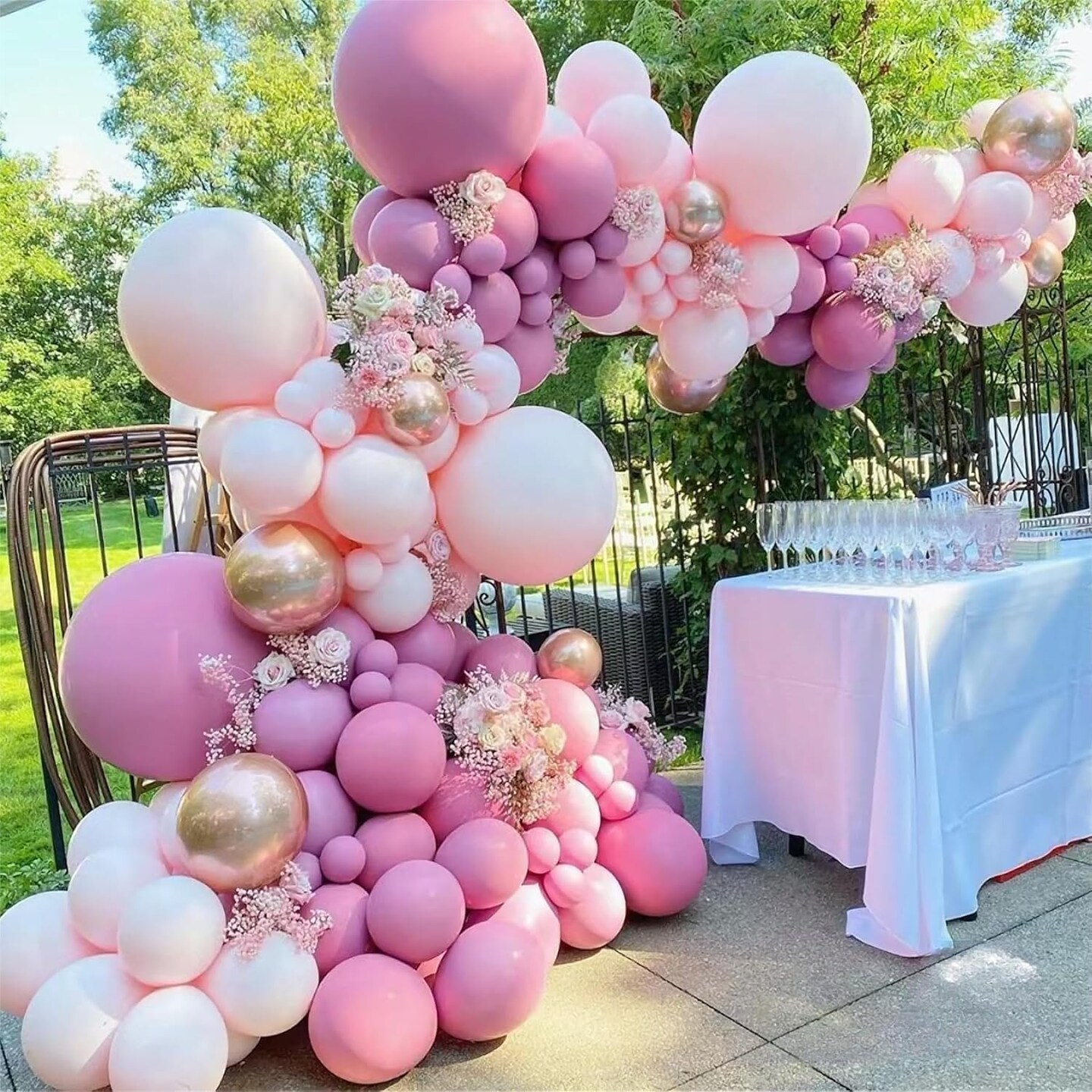 146 piece retro pastel balloon garland arch kit in dusty pink hot pink champagne gold sand and white featuring assorted sizes perfect for weddings birthdays graduations and elegant party decorations