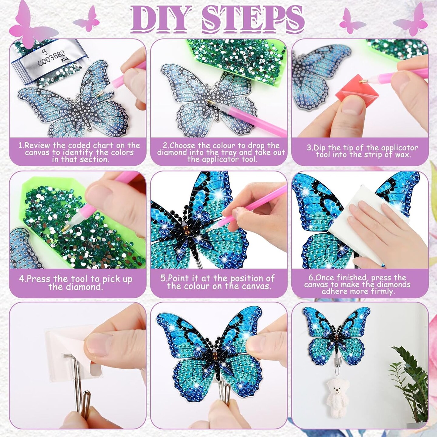 25 PcsDIY Diamond Art Painting Wall Hook Key Holder Butterfly Wall Hooks Rhinestone Dot Gem Art Kits Sticky Hooks for Towel Hat Kitchen Decoration
