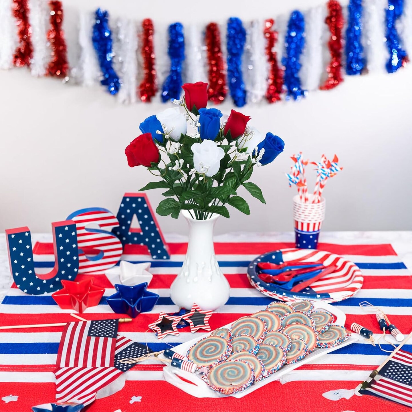 4 bundle set of artificial rosebud stems in red white and blue featuring 9 stems per bundle perfect for patriotic memorial bouquets cemetery decorations and celebrations for Memorial Day Veterans Day and Independence Day