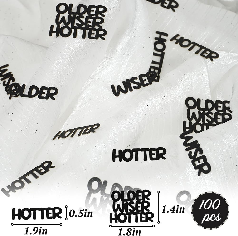Older Wiser Hotter Glitter Confetti (100 Pack) – Black & Gold Birthday Table Scatter for Women & Men – 30th, 40th, 50th, 60th Milestone Party Decorations – Humorous Anniversary Sprinkle Decor – Premium Double-Sided Glitter Cardstock
