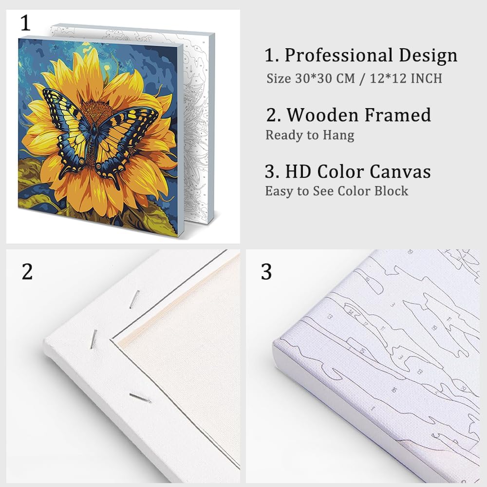 Framed Paint by Numbers on Canvas Flowers Acrylic Paint by Numbers Kits for Adults Beginner Butterfly on Sunflower Pictures Painting Kits Ideal Gift Home Wall Decor 12x12 Inch