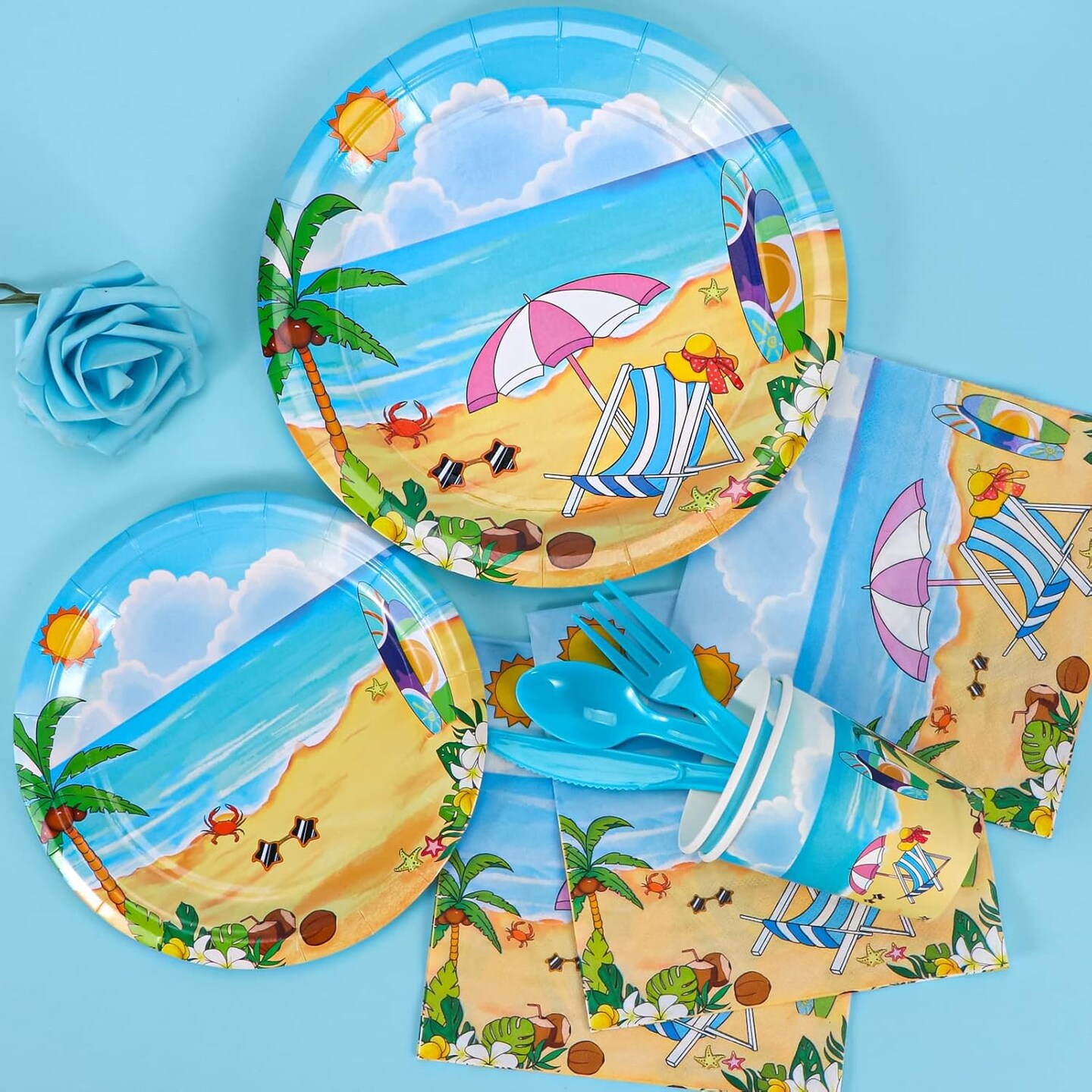 Beach Party Summer Tableware Supplies, Beach Plates and Napkins Set, Disposable Beach Plates, Cups, Napkins and Cutlery