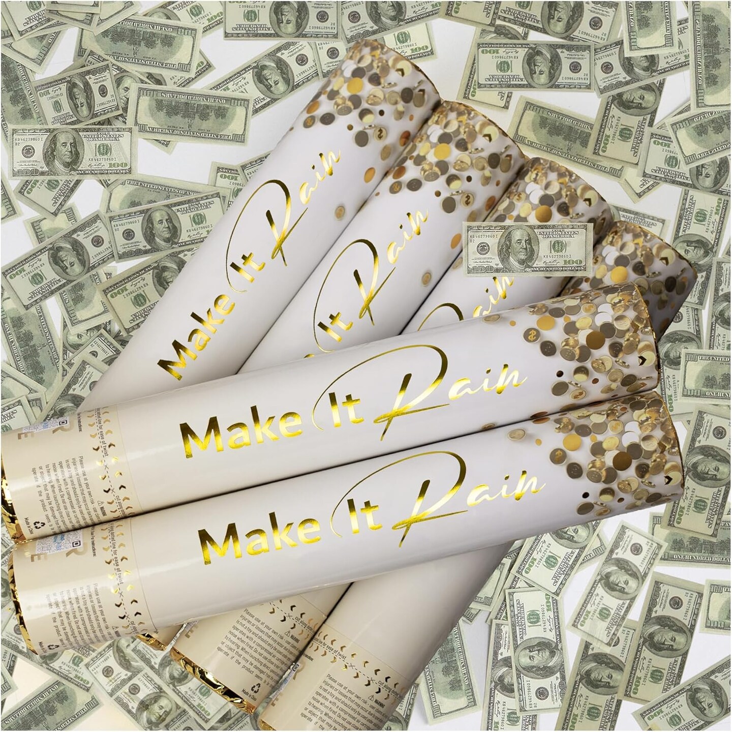 6PCS Money Confetti Cannons – $100 Bill Party Poppers for NYE, Birthday & Graduation