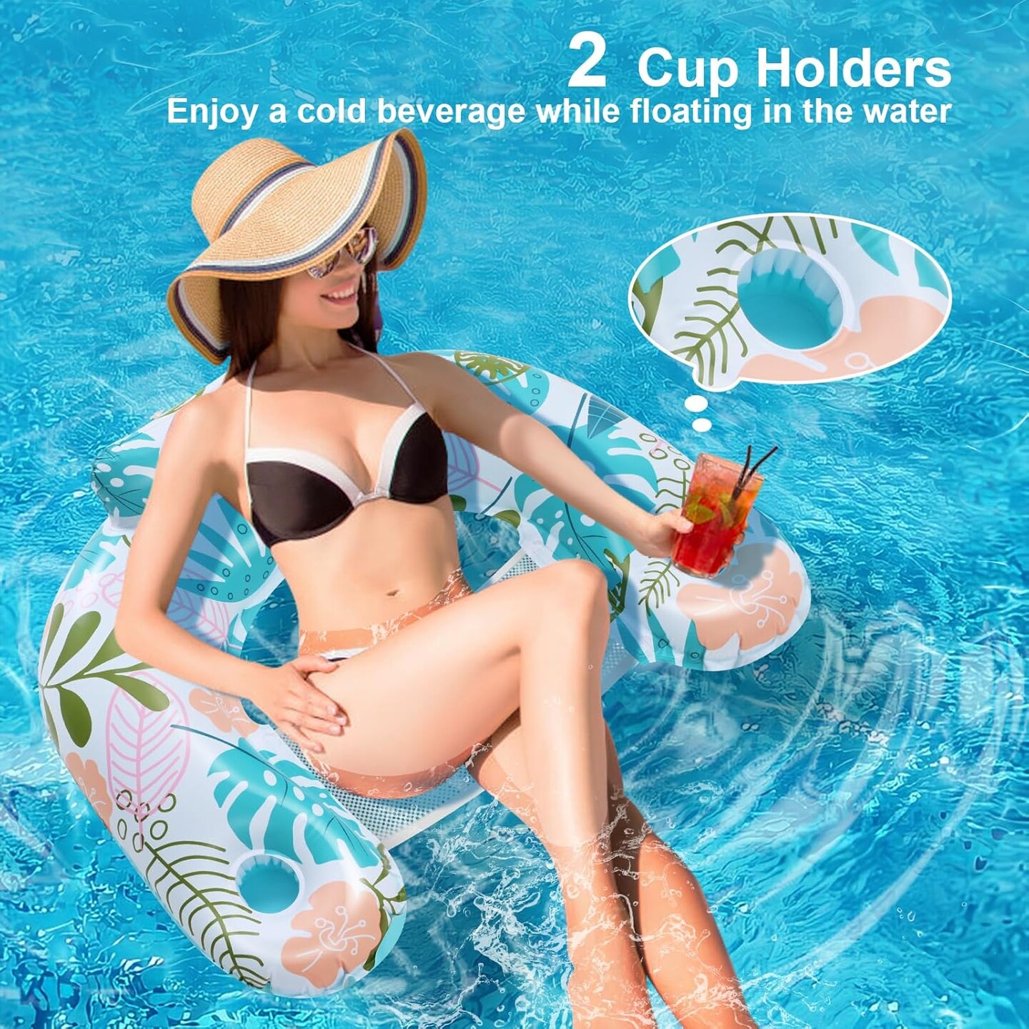 2 pack Adult Inflatable Pool Floats Chair, Water Leisure Inflatable Floating Chair,Drink Holder, Ergonomic Headrest,Pool Floaties for Adults Swimming Pool Party, Summer Water Fun