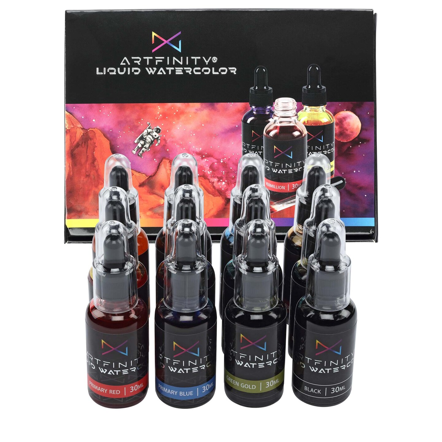 Artfinity Liquid Watercolor Paint 30 ml Bottles, Set of 12 Colors - Vibrant Dye-Based Liquid Watercolor w/ Glass Pipette, Fast-Drying, Fine Art Paint for Calligraphy, Airbrushing & Traditional Art