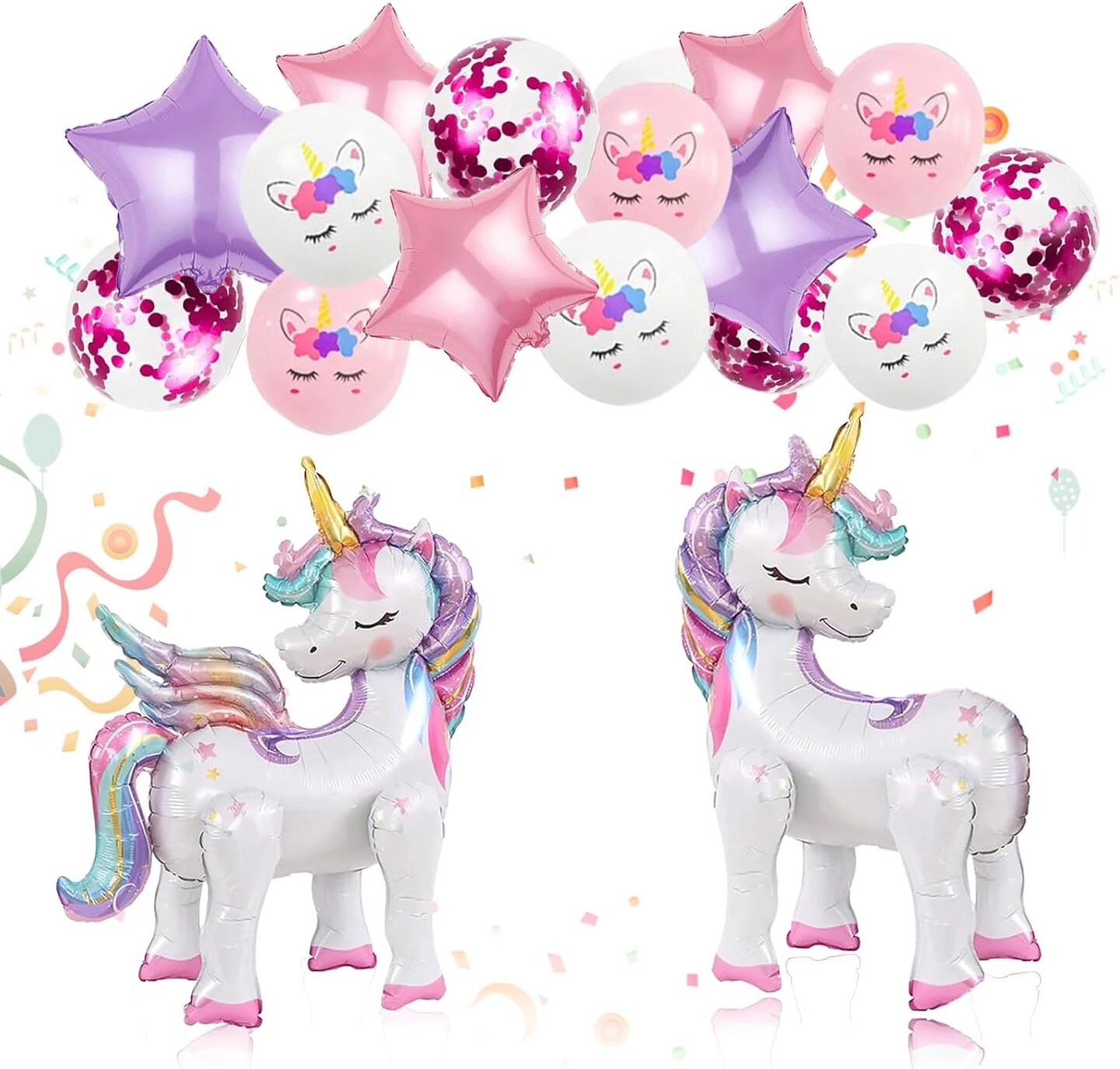16 Pcs Unicorn Balloons Kit for Birthday Party Decorations - 2 Self Standing 3D Foil Unicorns, 4 Star Balloons &#x26; 10 Printed Latex Balloons with Tying Tool (No Helium Needed)