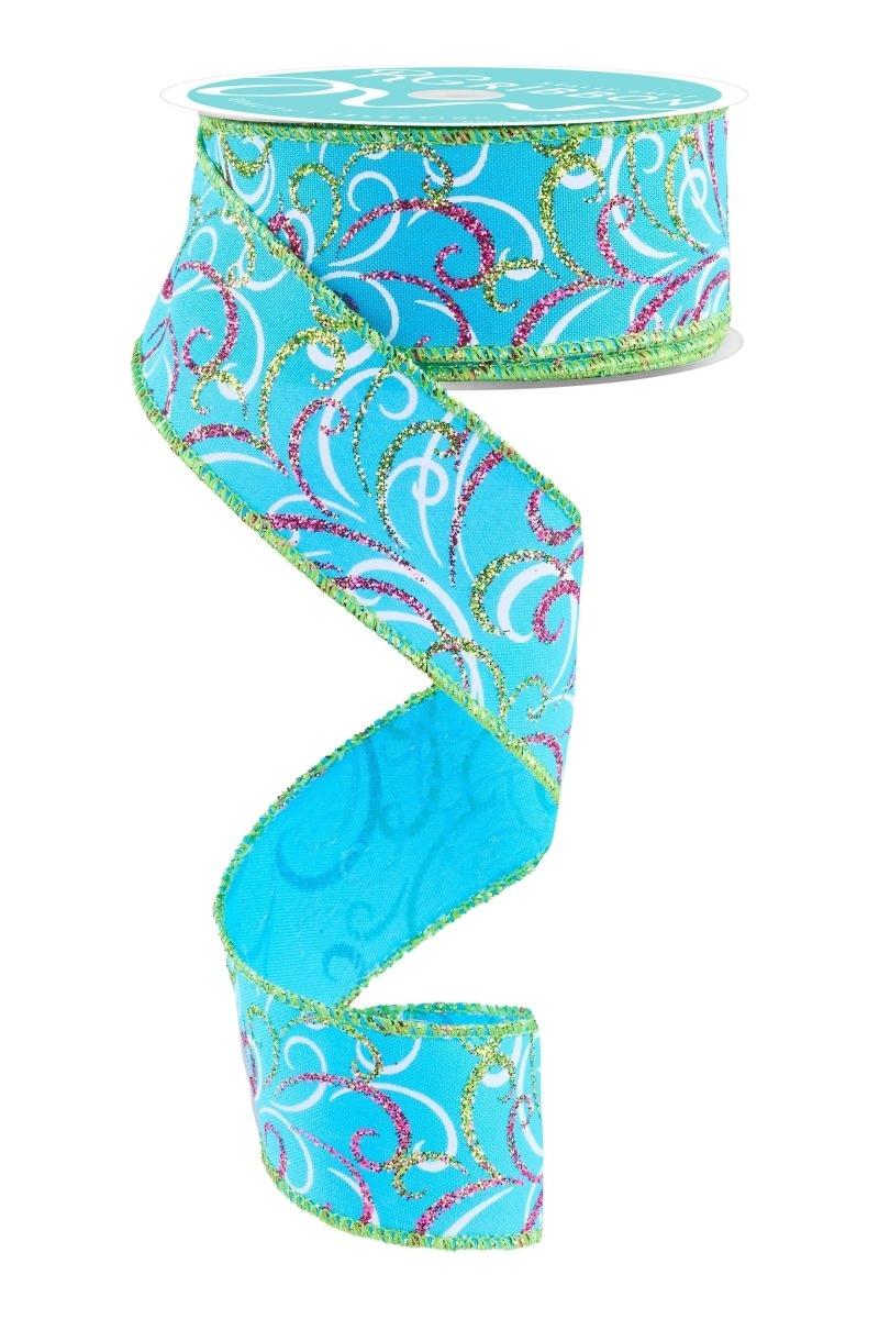 1.5" Multi Swirls Glitter Ribbon: Turquoise/Hot Pink (10 Yard)