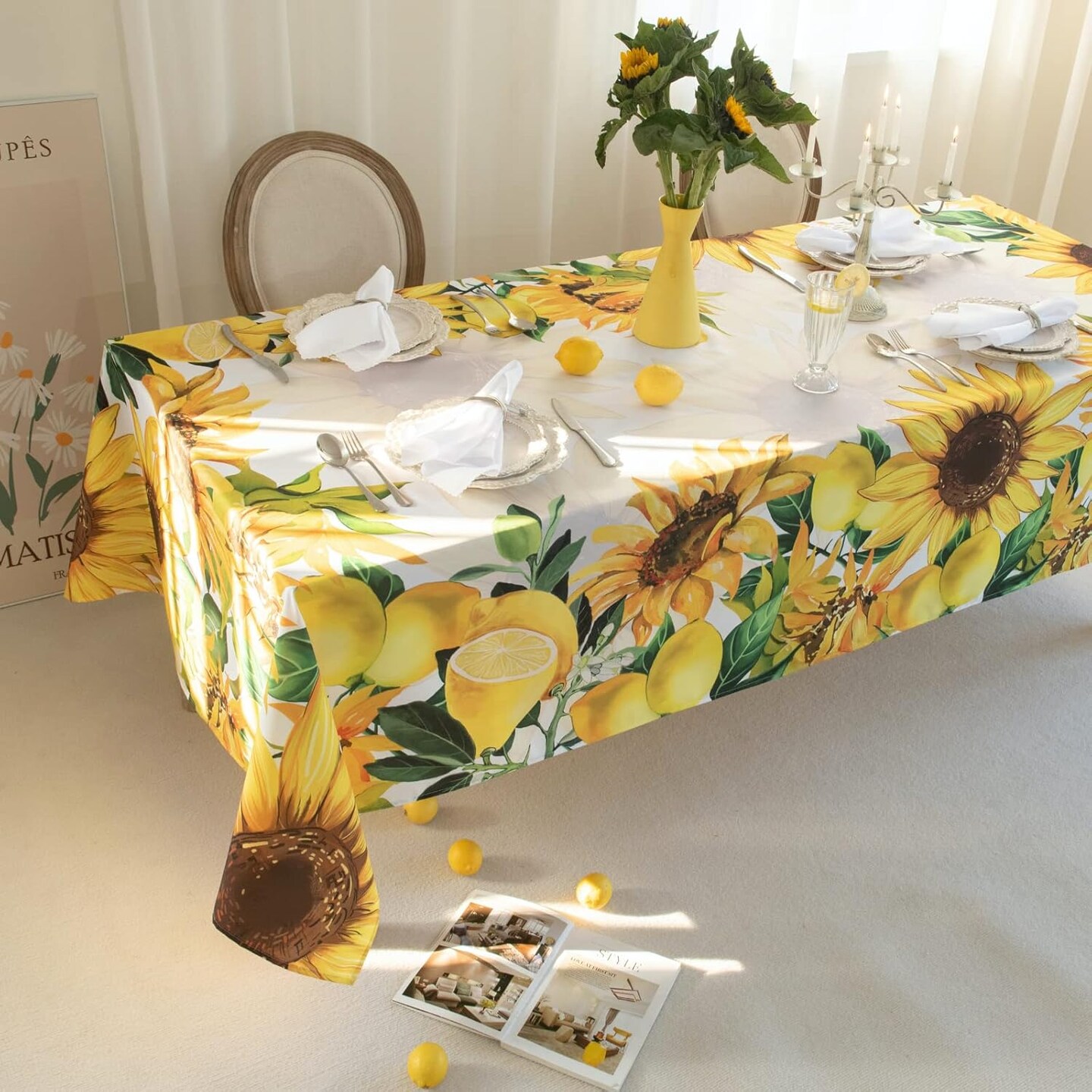 Summer Sunflower and Lemonade Watercolor Style Tablecloths 60*120, Sunflowers Table Cloth Floral Table Cover, Water Resistant Morocco Lemon and Sun Flowers Oblong Tablecloth - Summer Flower Table Settings