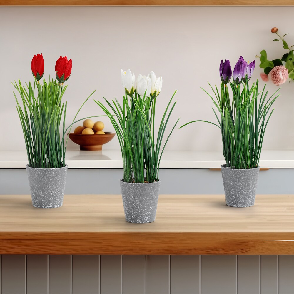 2-Pack Artificial Potted Tulips &#x2013; Lifelike Vivid Tulip Flowers Arrangement for Home, Office &#x26; House D&#xE9;cor, Faux Floral Centerpiece, No Maintenance