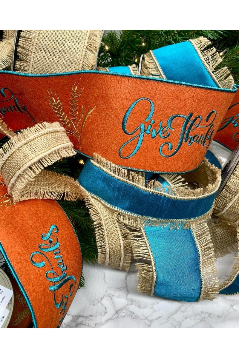 4&#x22; Embroidery Give Thanks Felt Ribbon: Teal (5 Yards)