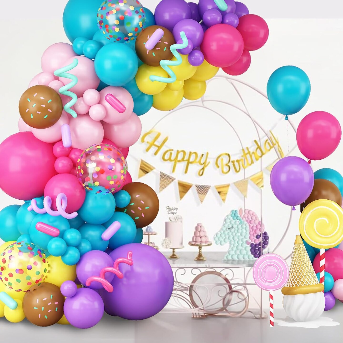 Rainbow Colorful Balloons Arch for Candy Sweet One Two Donut Grow Up Ice Cream Birthday Party Decorations Pastel Purple Pink Blue Yellow Brown Confetti Latex Balloons Garland with Long Balloons
