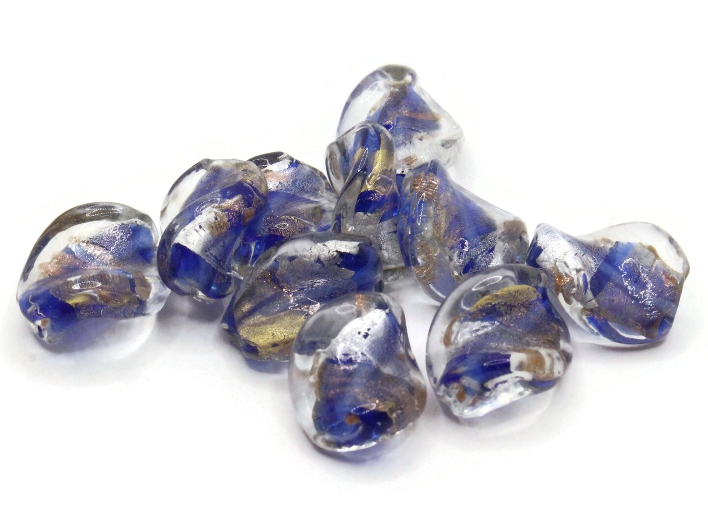 10 15mm Blue and Silver Lampwork Glass Flat Oval Twist Beads