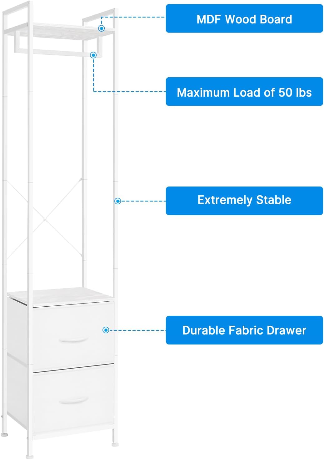 White Heavy Duty Garment Rack with 2 Fabric Drawers | 3-in-1 Freestanding Clothing Organizer | 80lb Capacity Steel Frame &#x26; X-Brace Stability