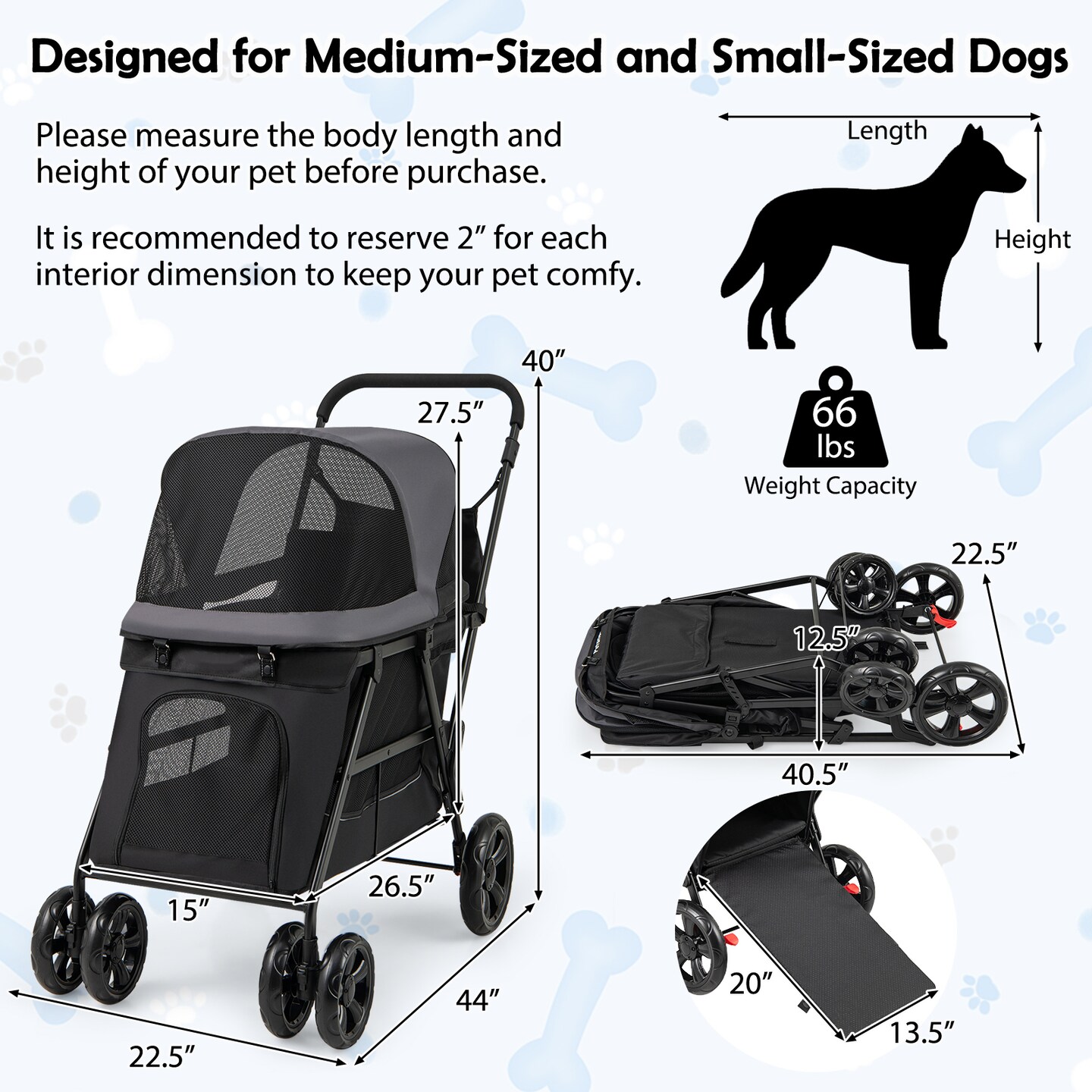 Black 600D Oxford Fabric Dog Stroller with Adjustable Ramp and All-Terrain Wheels
