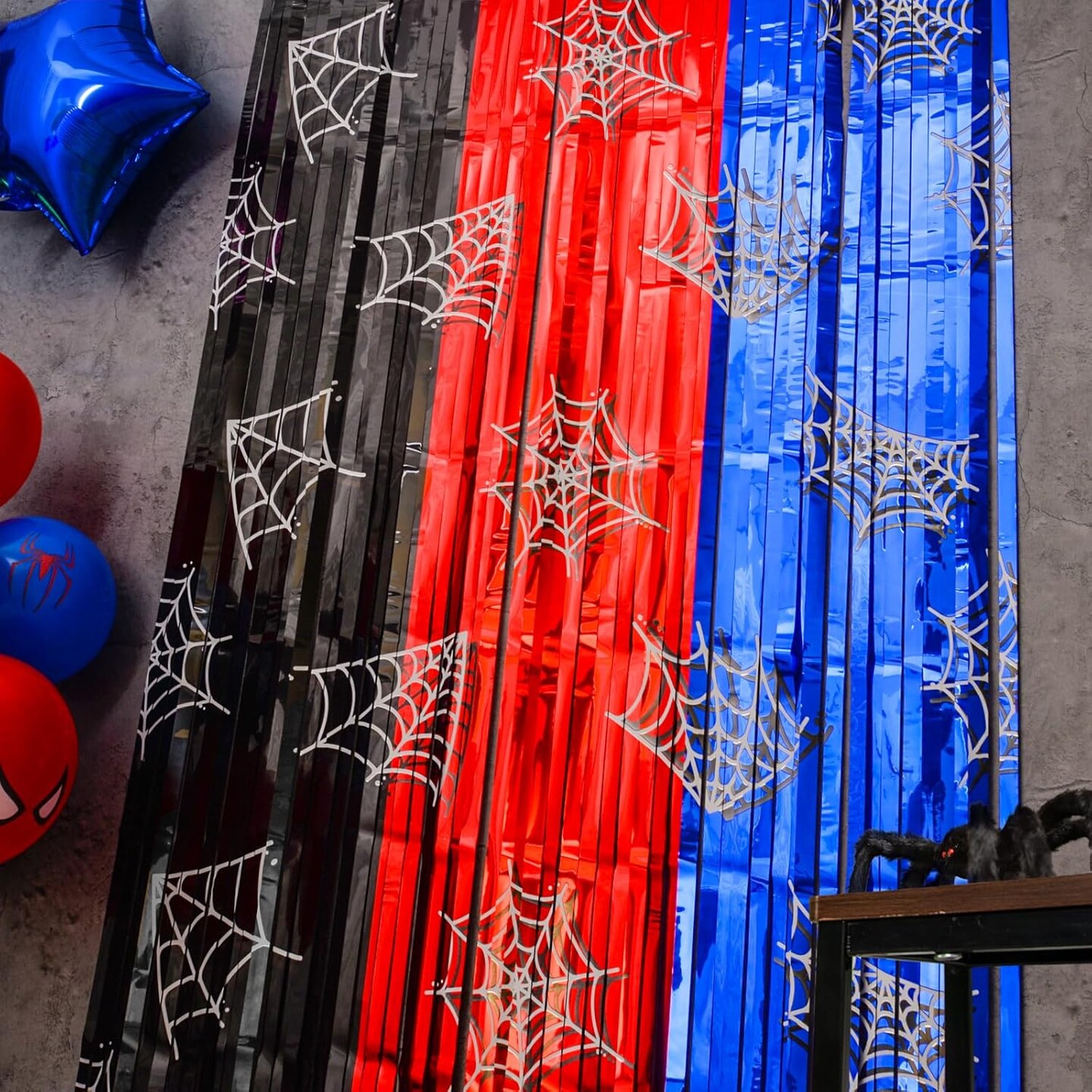Spider Web Birthday Decorations, 2 Pack Spider Party Supplies 3.3x6.6ft Tinsel Foil Fringe Curtains, Red Black, and Blue Photo Booth Prop Backdrop Streamer, Birthday Decor, Party Decor for Boys