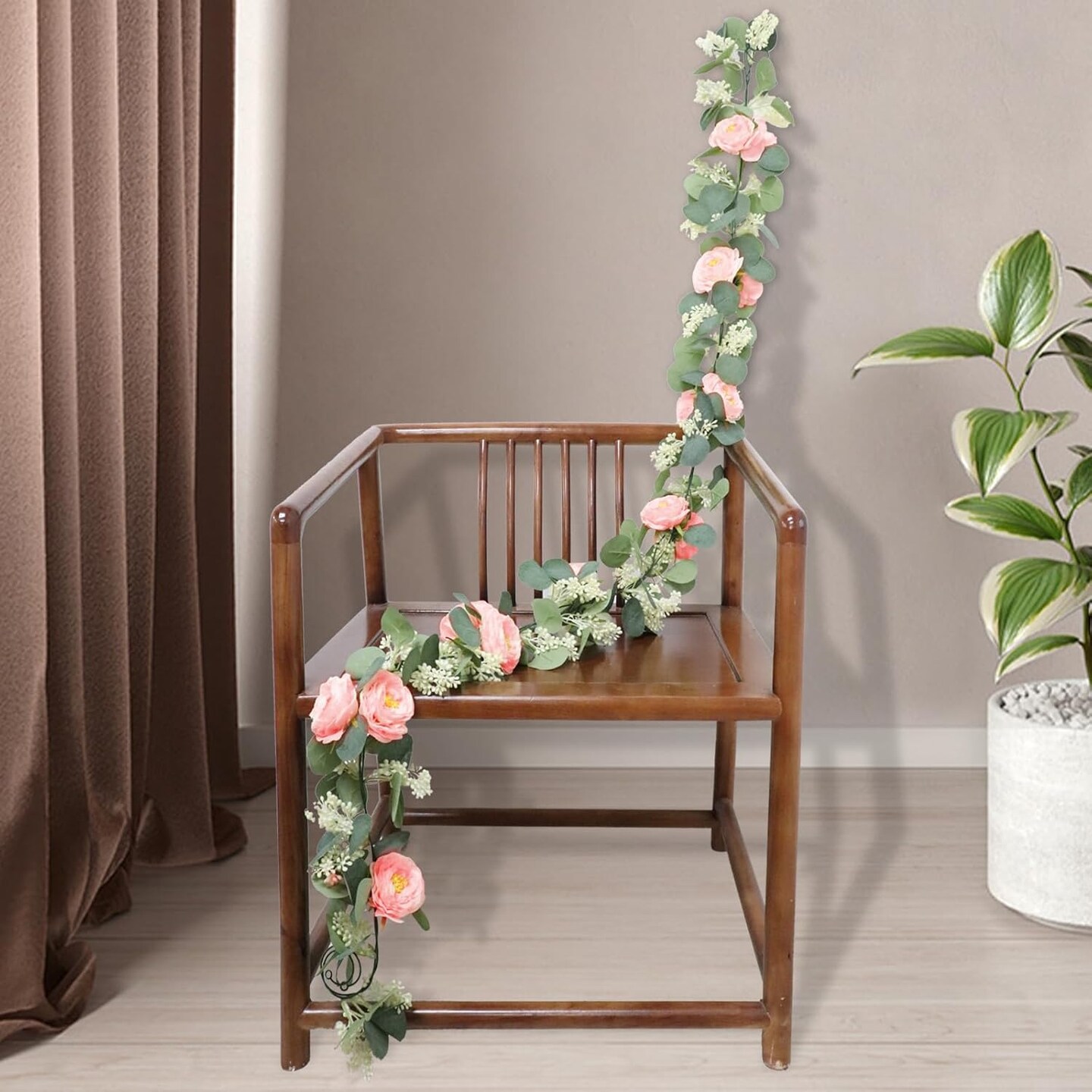 2 Pcs Pink 6.6Ft Artificial Eucalyptus Flower Garland with Fake Rose Flower Vine Seeded Eucalyptus Leaves Greenery Garland for Wedding Table Backdrop Party Centerpiece Room Decor (Pink)