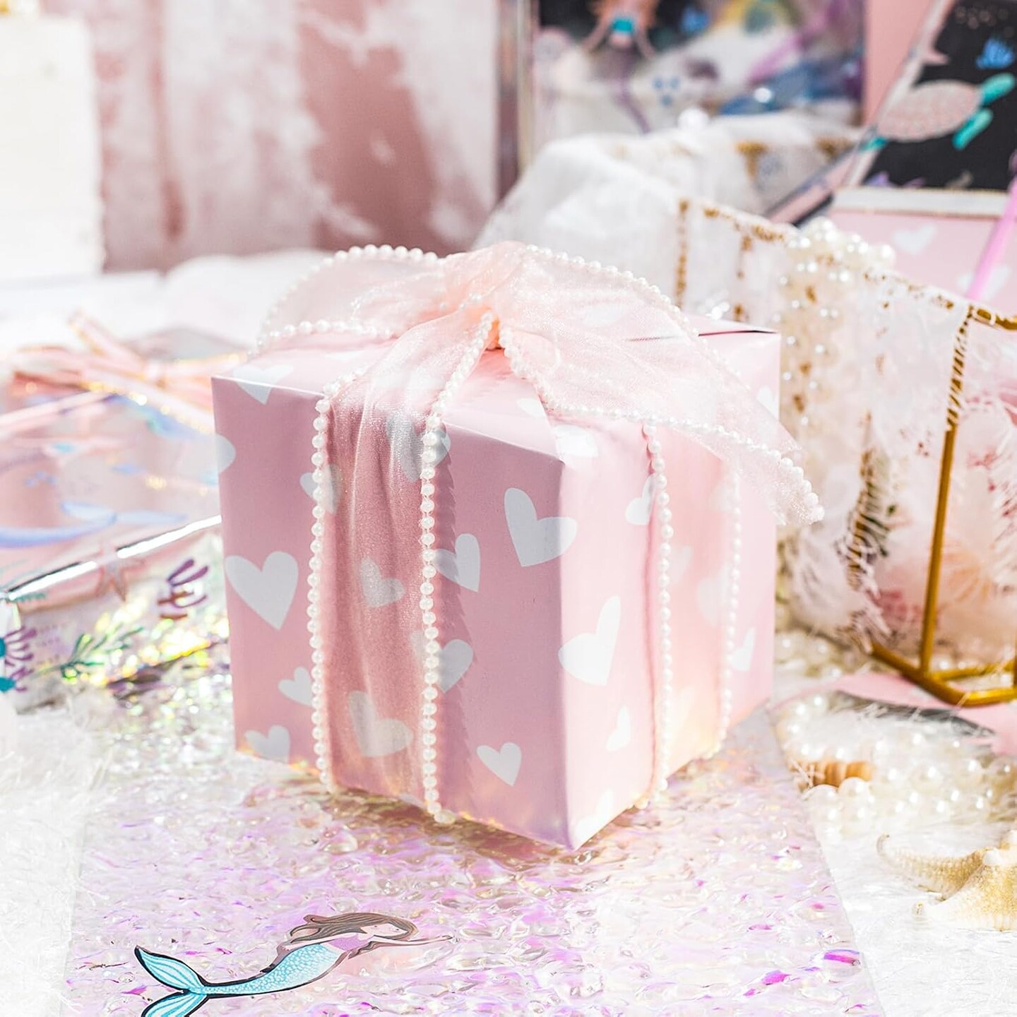 Reversible Mermaid Wrapping Paper Roll - Cute Metallic Foil Shine Mermaid &#x26; Pink Heart for Girl Birthday, Baby Shower - Mini Roll - 17 Inch x 33 Feet