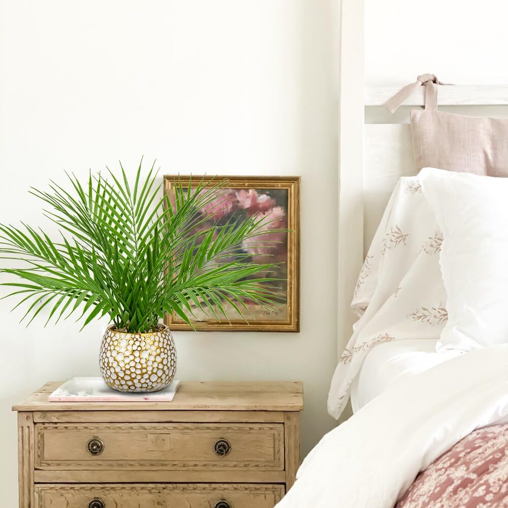 Fake Plants 15&#x27;&#x27; Faux Palm Plant in Gold-White Pot Realistic Artificial Plants Indoor for Home Farmhouse Centrepieces Wedding Decorations
