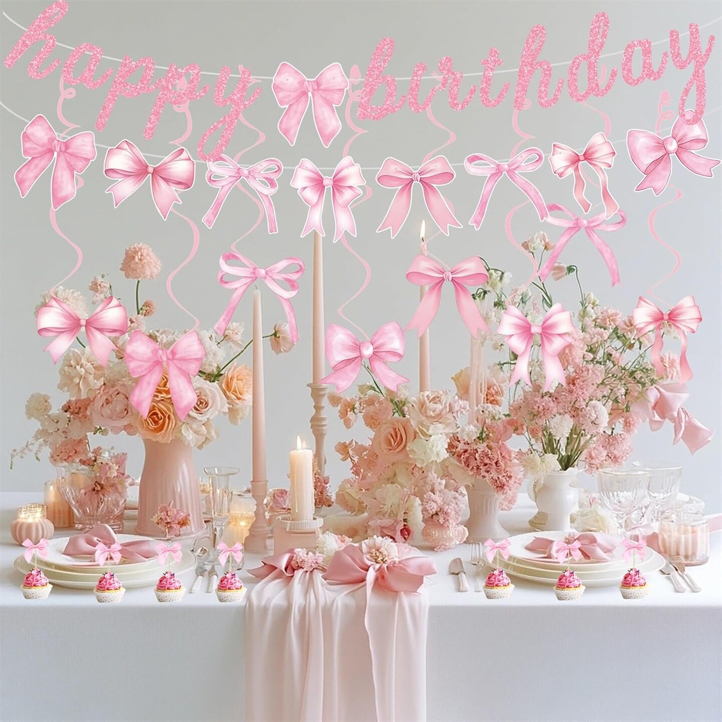 Pink Bow Banner Hanging Swirls with Bowknot Cupcake Toppers Happy Birthday Garland for Baby Shower Girls Pink Bow Room Decor Coquette Birthday Party Decorations
