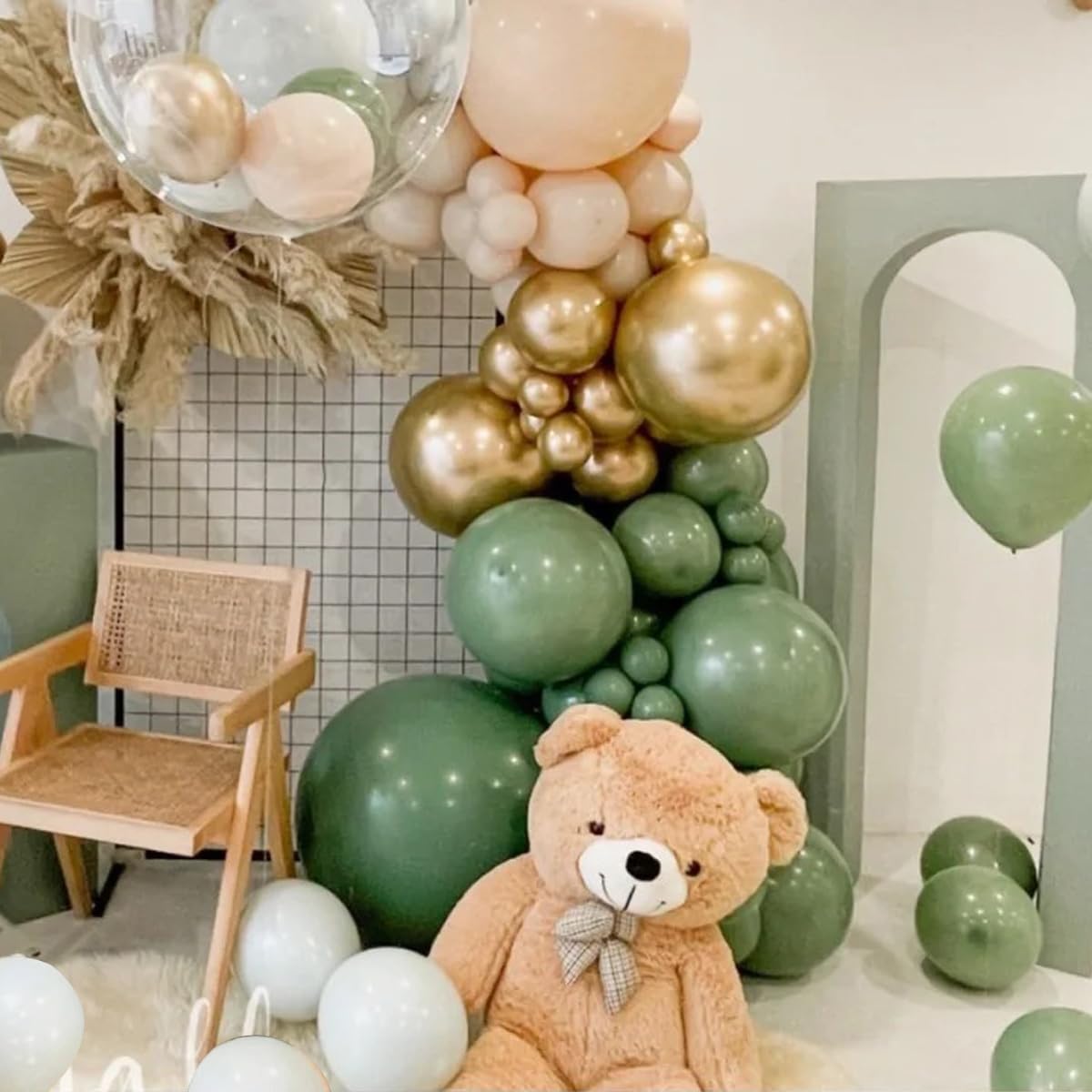 Green White Gold Balloon Arch Kit, 146Pcs Avocado Green Metallic Chrome Gold Confetti and White Latex Balloons