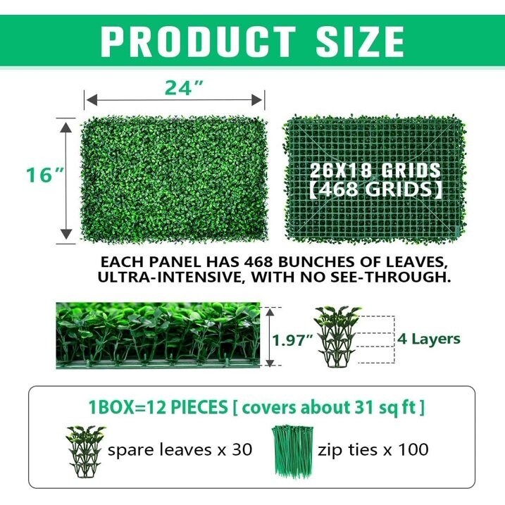 12 Pcs Artificial Boxwood Hedge Panels 24&#x22;x16&#x22; Indoor/Outdoor Privacy Screen &#x2013; Realistic UV-Resistant Grass Wall Decor, 31 Sq Ft Coverage, for Garden, Wedding Backdrop