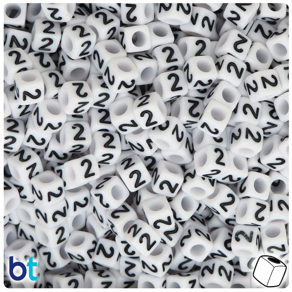 BeadTin White Opaque 6mm Cube Plastic Alpha Beads - Black Number 2 (80pcs)