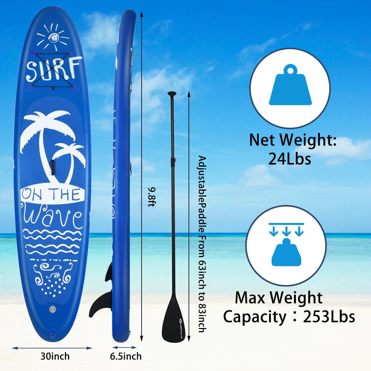 Blue PVC Inflatable Paddle Board Non-Slip Deck Adjustable Paddle Backpack