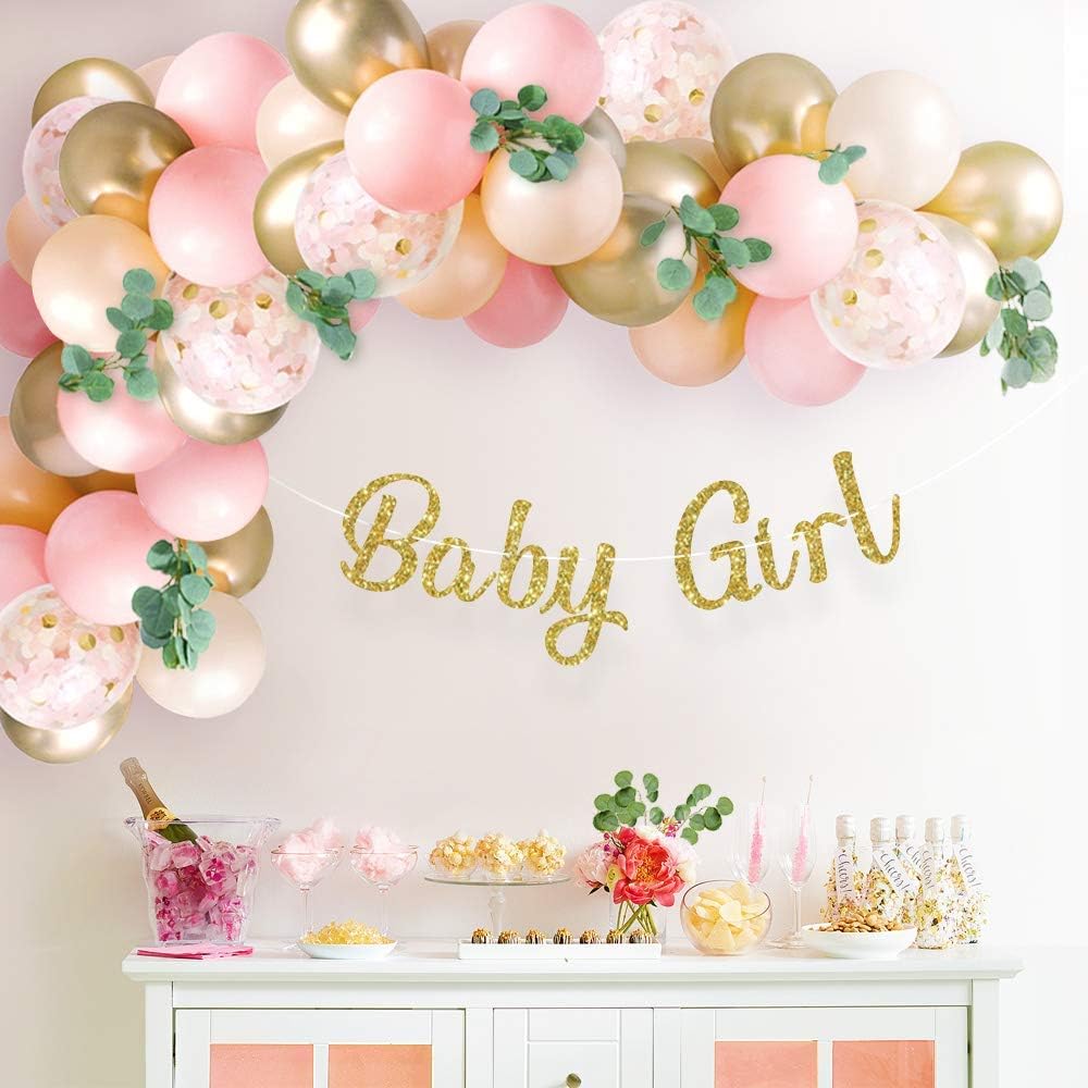 Shower Decorations for Girl with Pink Balloon Arch Garland Kit, Baby Girl Banner Decor, Eucalyptus Boho Greenery Vine, Light Pink, Peach Blush, Gold, Confetti Balloons