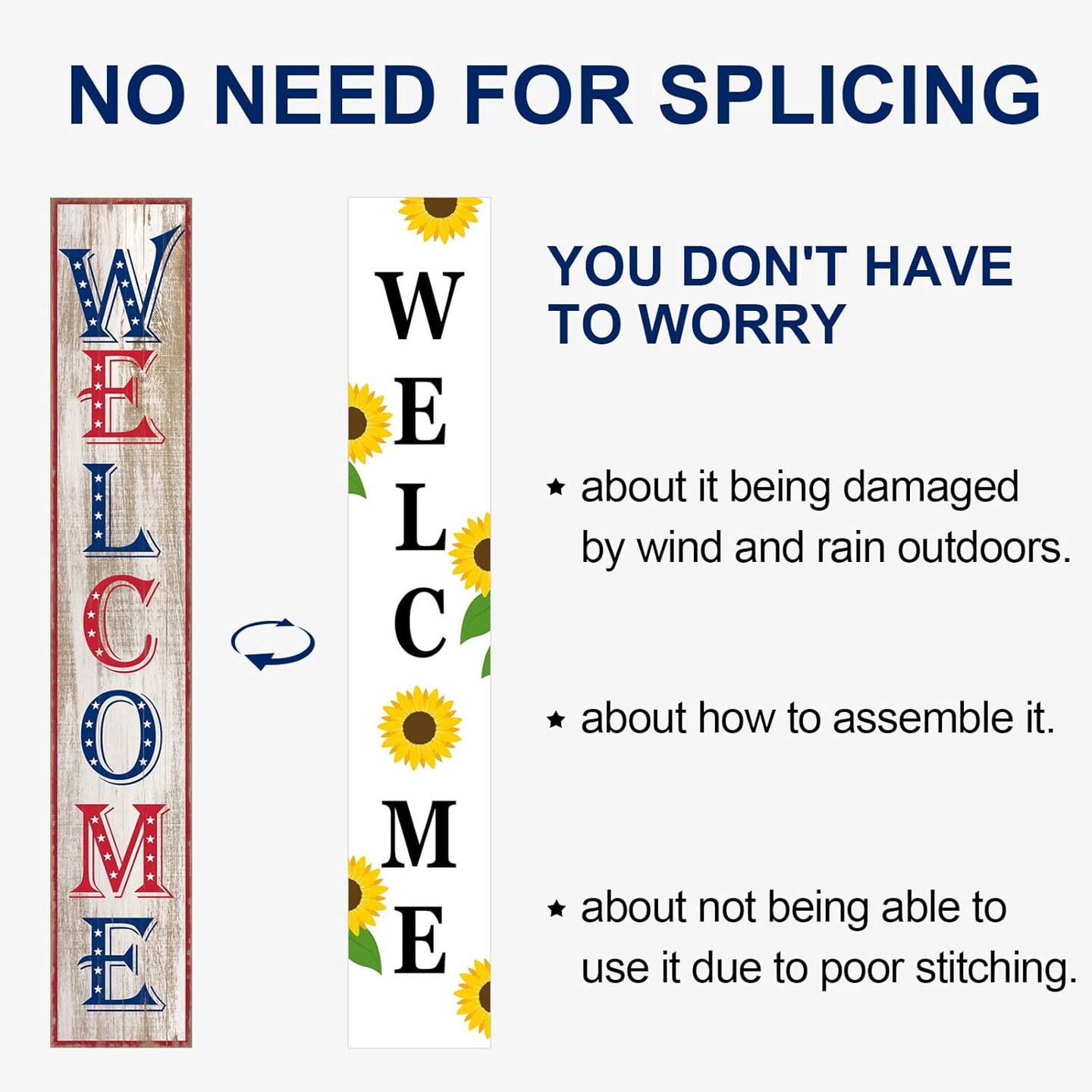 Two Sided Summer 4th of July Porch Sign, Wooden Sunflower Patriotic Independence Day Welcome Sign for Front Door Decor, Tall Vertical Leaner Standing Americana Outdoor Decorations