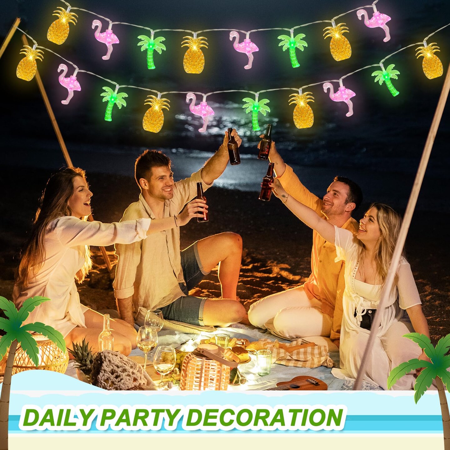 Couah 30 LED 16Ft Summer Beach Hawaiian String Lights - 8 Modes &#x26; Timer - Flamingo Pineapple Palm Tree Fairy Lights - Battery Operated for Tropical Party Pool Decorations