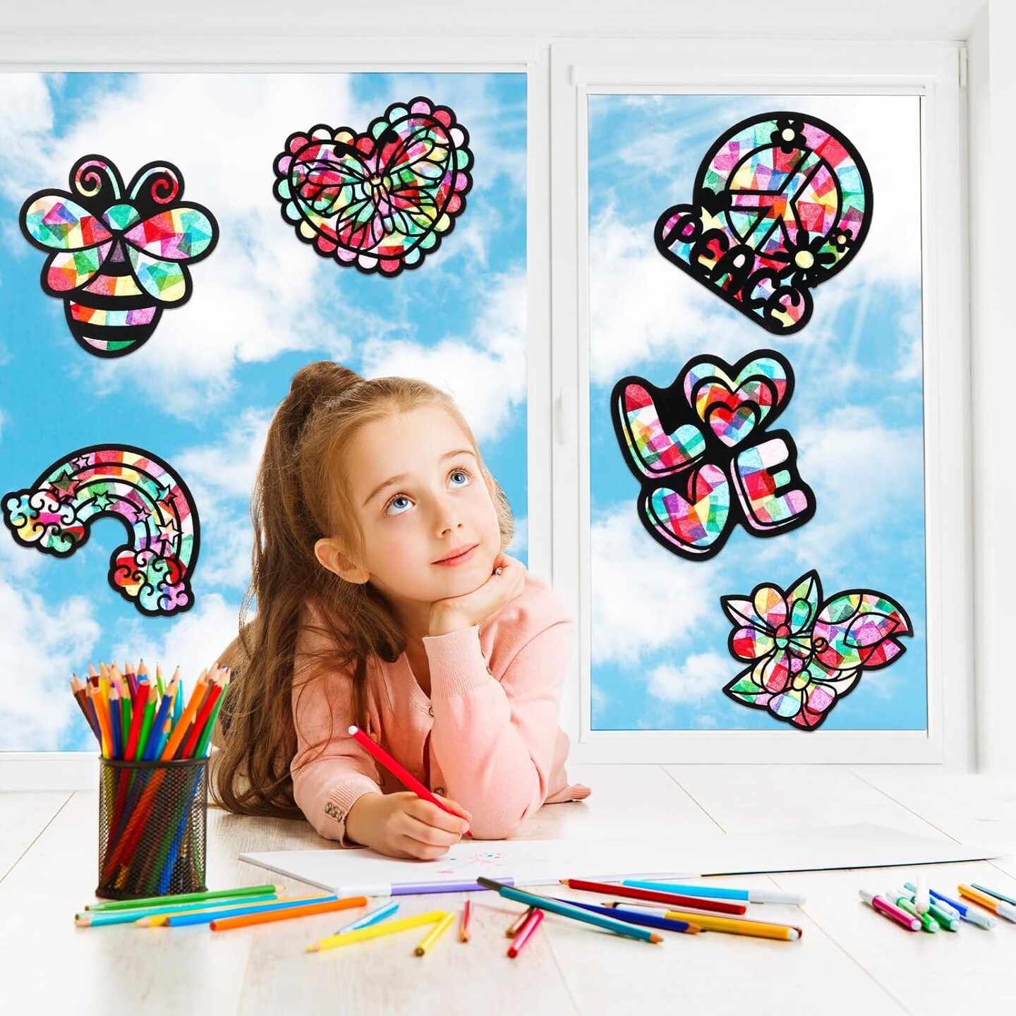 24 Pack DIY Suncatcher Paper Crafts Stained Glass Effect Paper Suncatchers, 700 Tissue Papers, Window Art Arts and Crafts for Party Favors Toys(Summer)