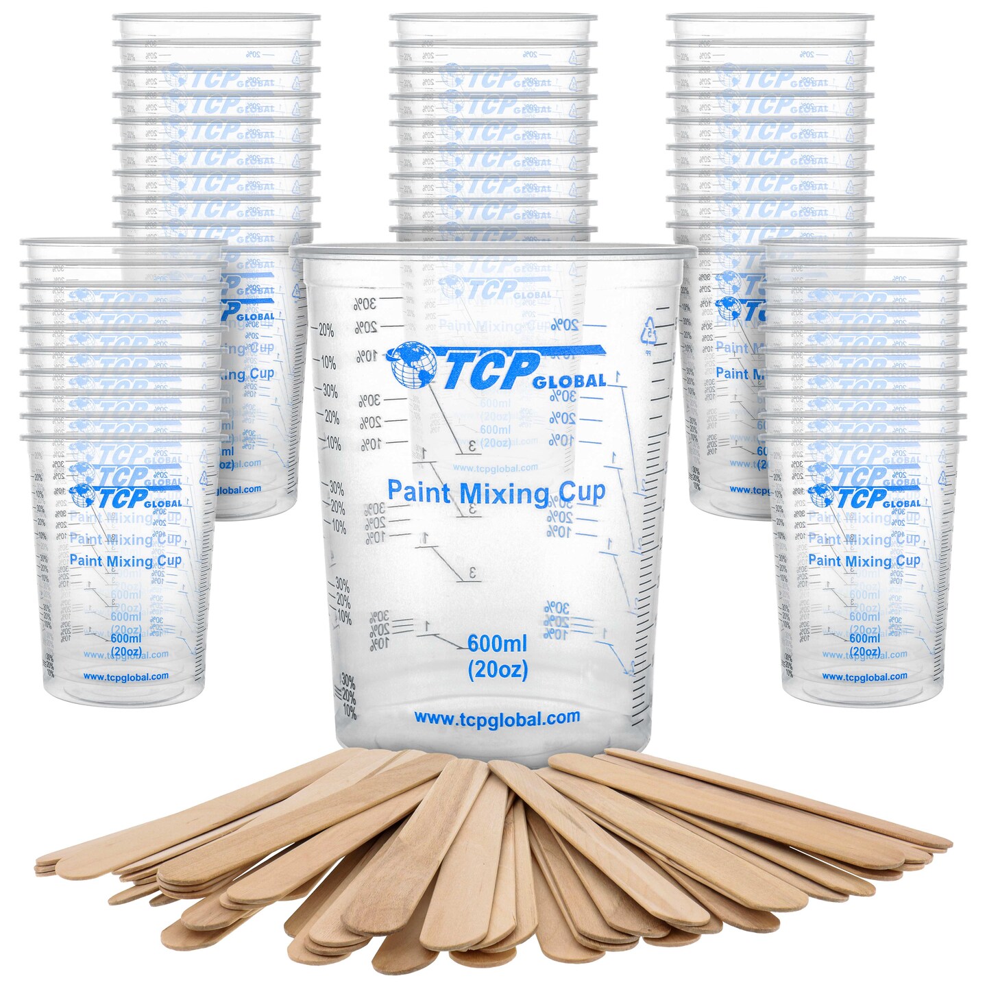 TCP Global 20 Ounce (600ml) Disposable Flexible Clear Graduated Plastic Mixing Cups - Box of 50 Cups &#x26; 50 Mixing Sticks - Use for Paint, Resin, Epoxy