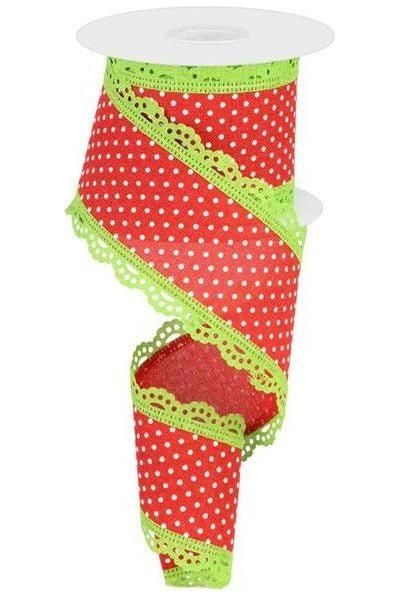 2.5&#x22; Swiss Dots Lace Edge Ribbon: Red/Lime Green (10 Yards)