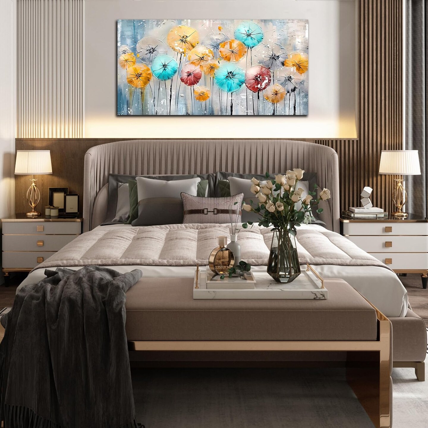 Flower Wall Art for Living Room, Dandelion Canvas Wall Decor for Bedroom, Colorful Abstract Print Painting Picture, Large Size 48x24 Inches