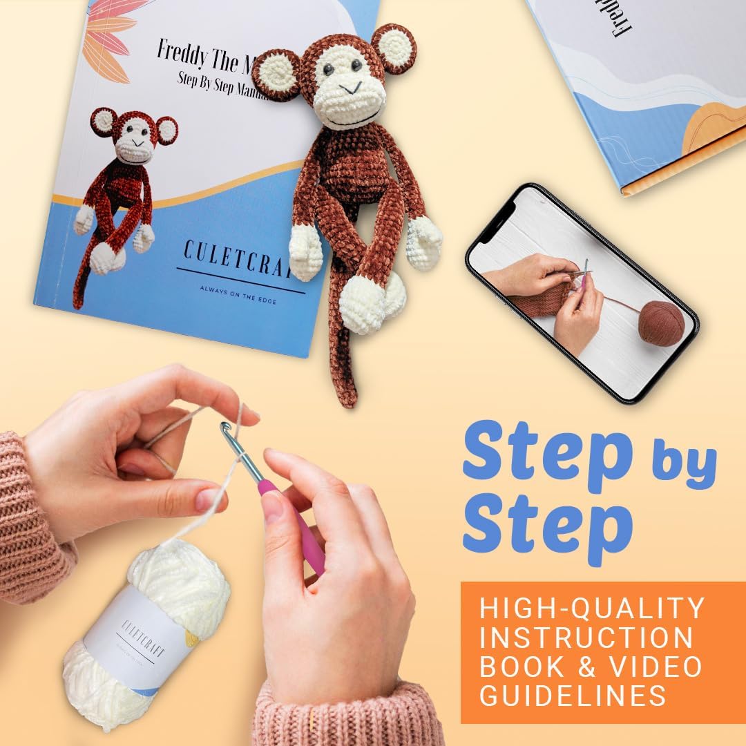 Crochet Kit for Beginners Adults, Freddy The Monkey DIY Crochet Animal Kit for Beginners, Learn to Crochet with Step-by-Step Instruction Book, Beginner Crochet Kit for Adults and Kids