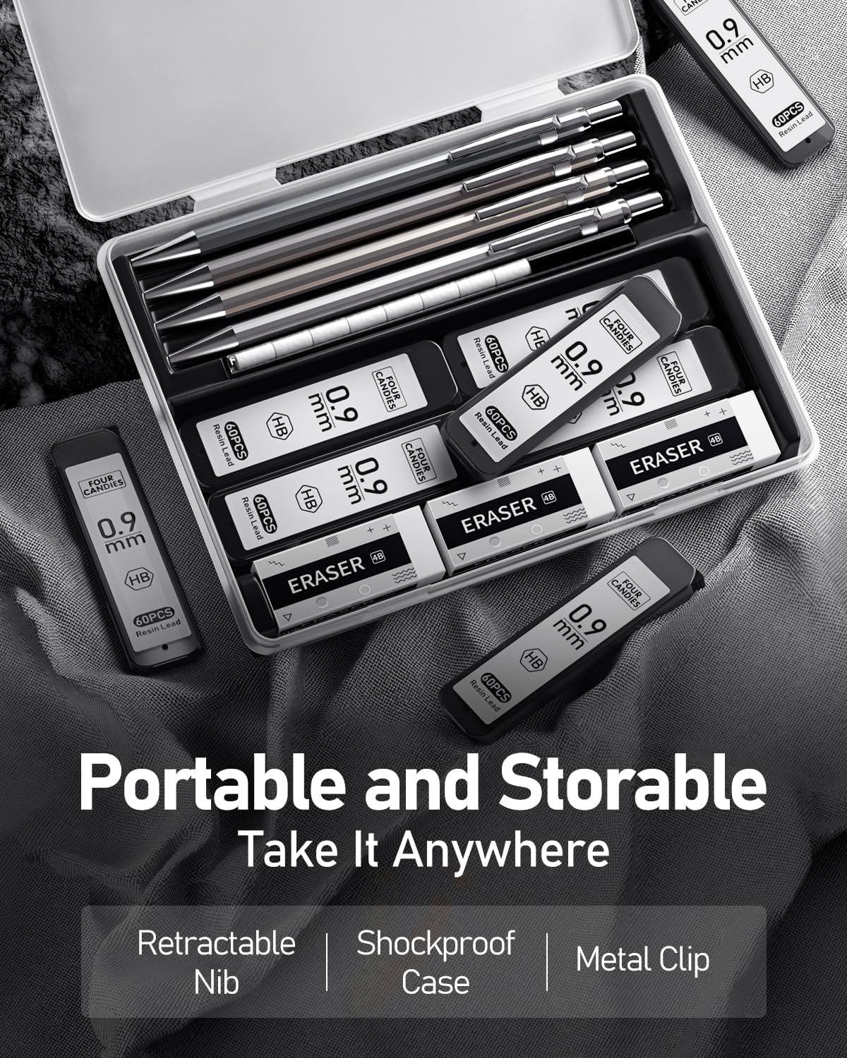 0.9mm Metal Mechanical Pencil Set with Case - 4PCS Fancy Mechanical Pencils, 8 Tubes HB #2 Lead Refills, 3PCS 4B Erasers and 9PCS Eraser Refills, Led Pencils Mechanical for Writing